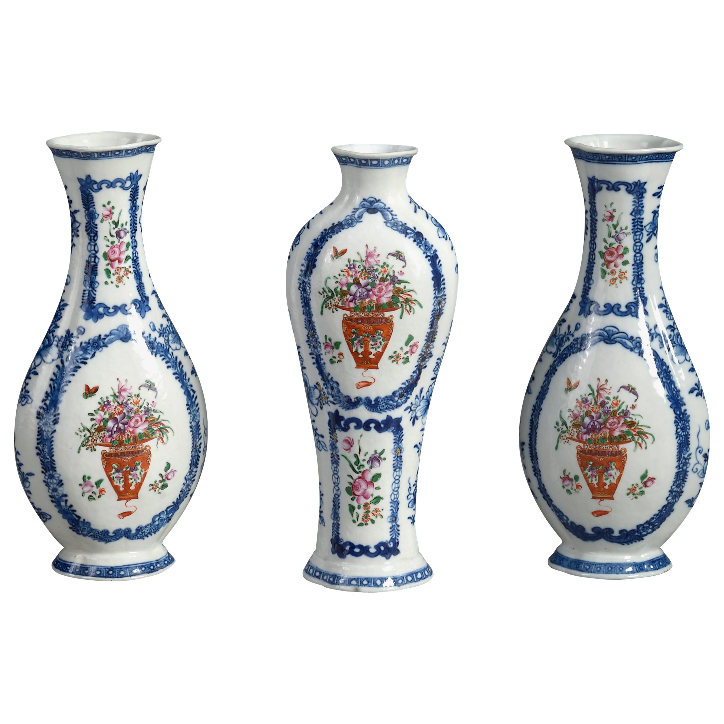 18th Century Garniture of Three Qianlong Period Famille Rose Porcelain Vases