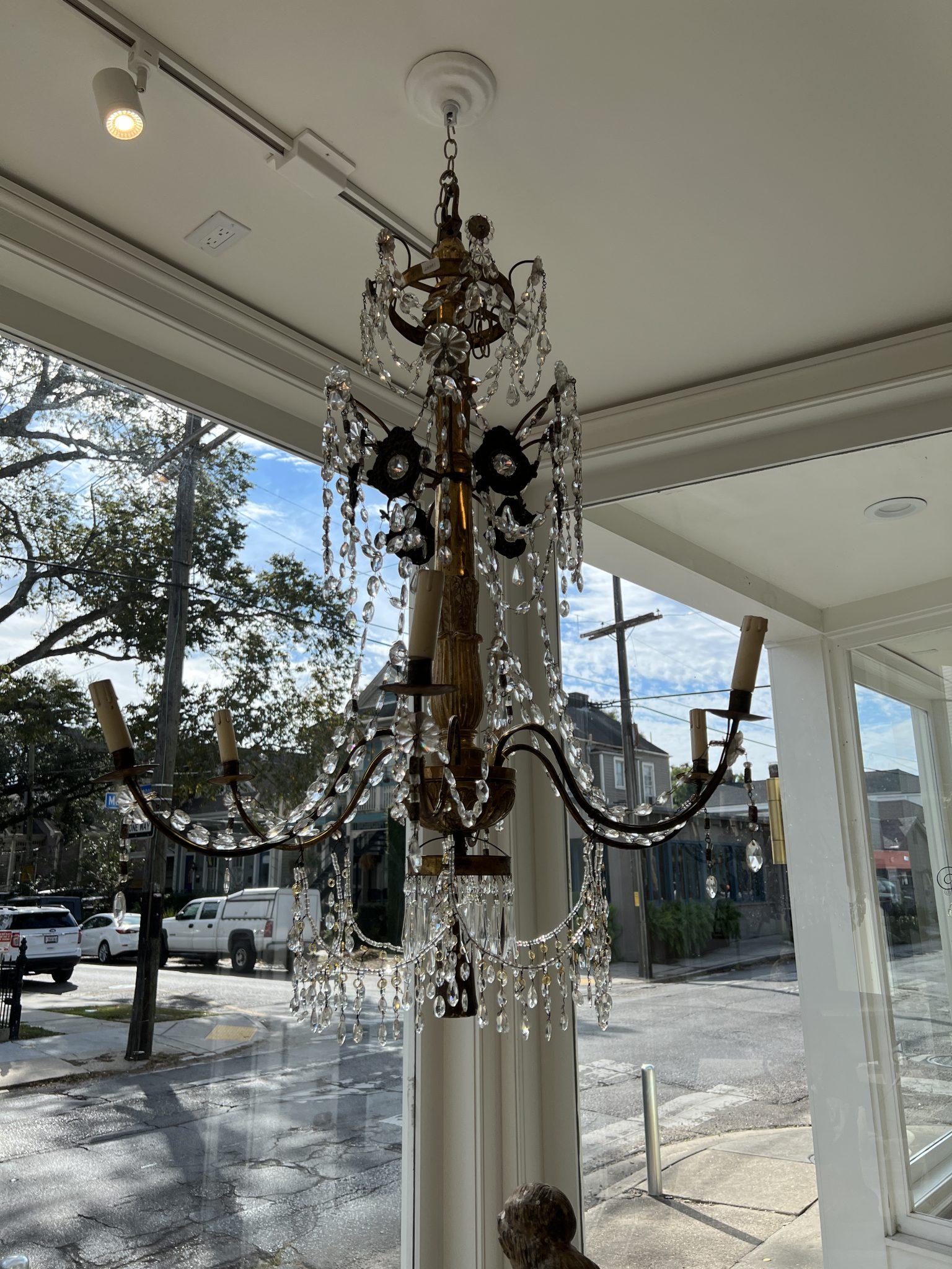 Beautiful Genoa chandelier. Medalions with crystal in center lend an exquisite touch. Glamour abounds. Needs to be rewired for US use.