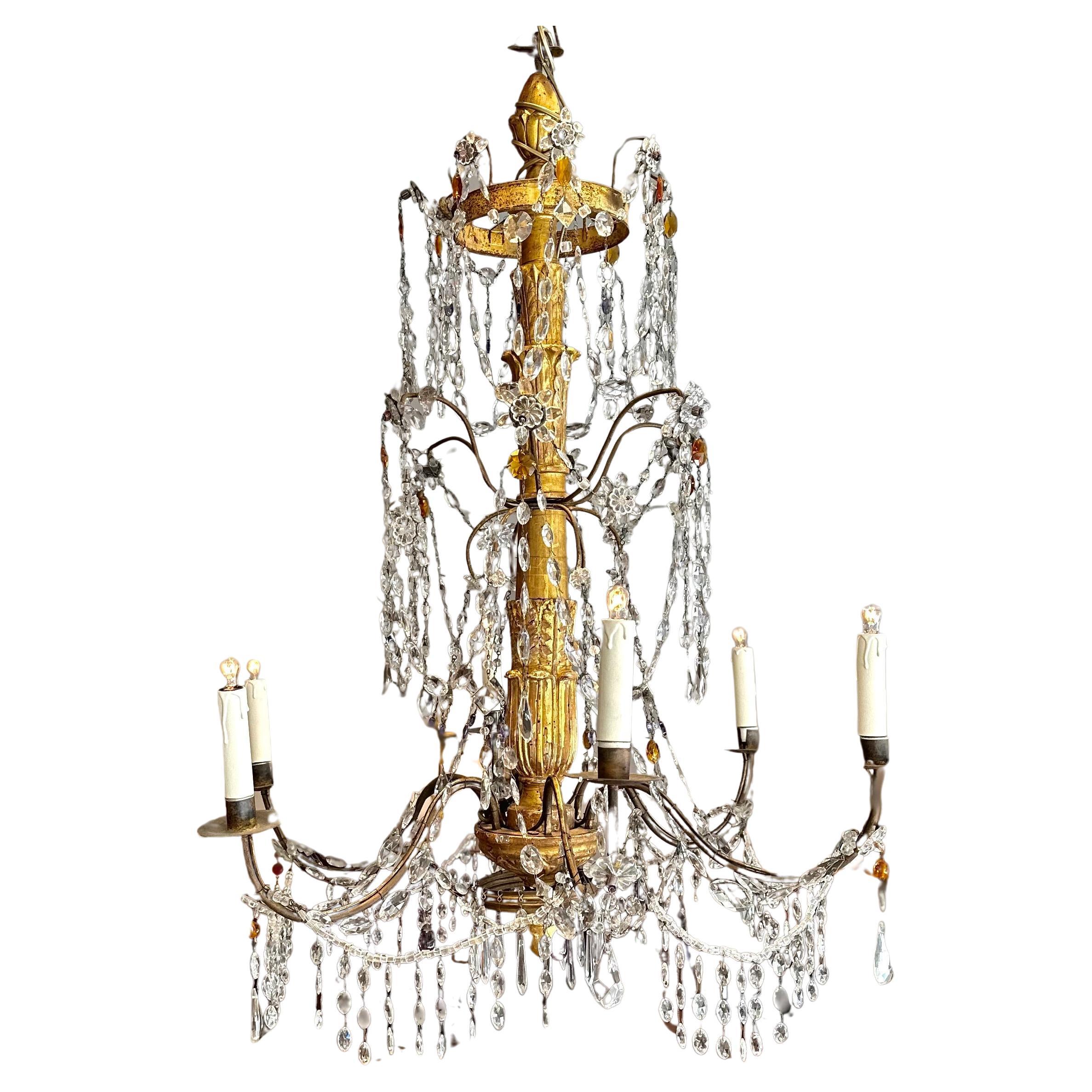 18th Century Genoese Church Gilded and Crystal Chandelier For Sale