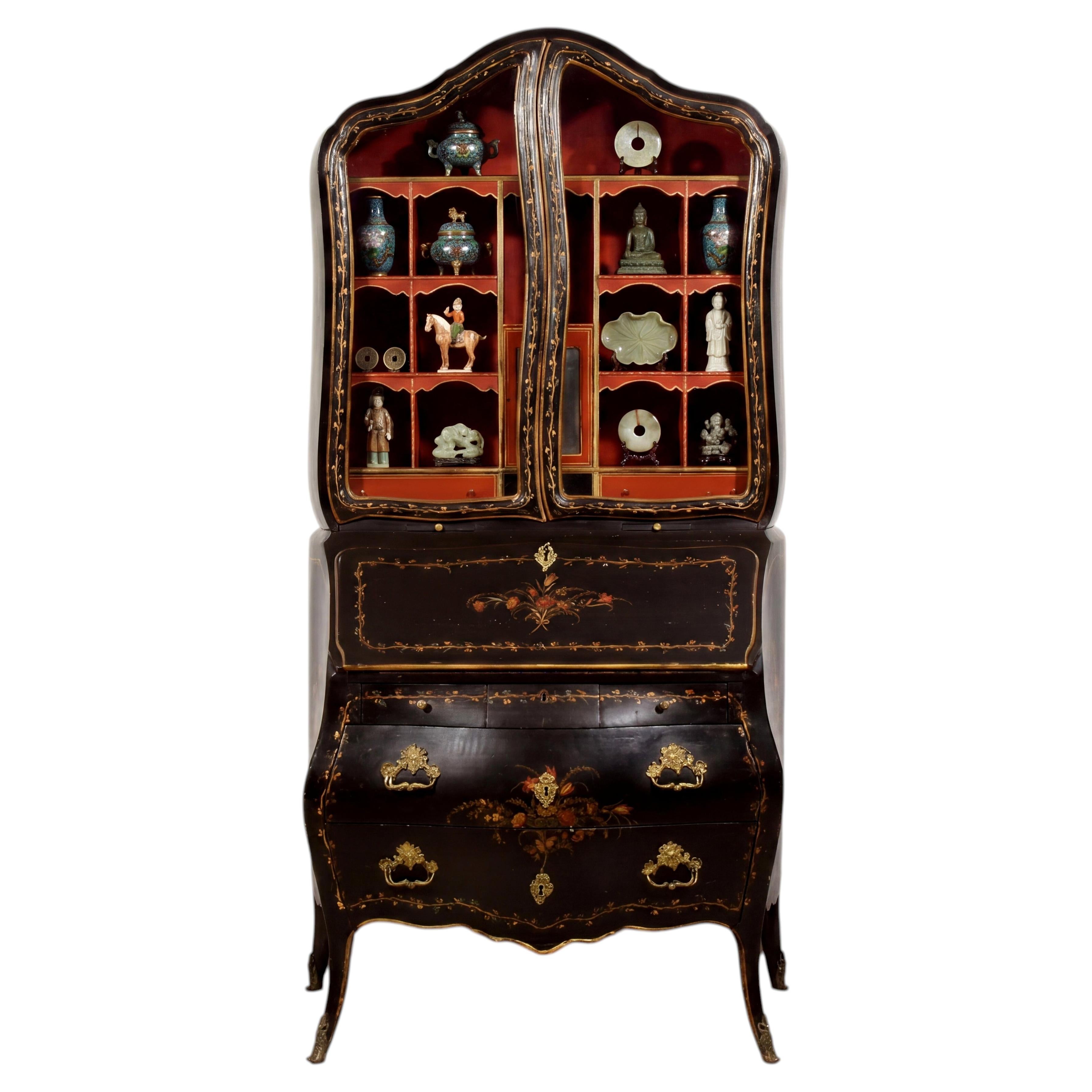 18th Century, Genoese Rococo Black Lacquered Wood Trumeau