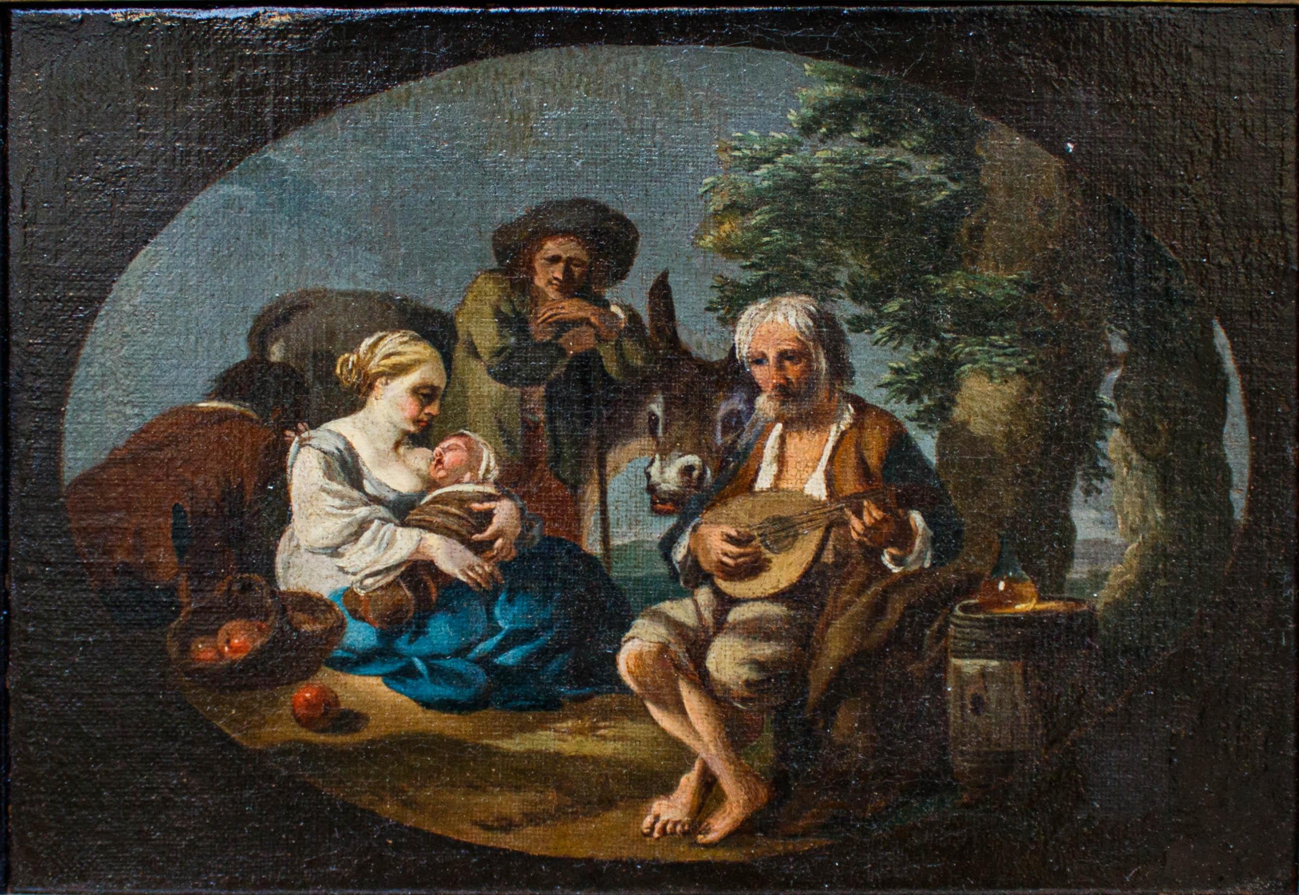 Paolo Monaldi (Rome, 1710 - after 1779), attr.

Genre scene

Oil on canvas, 34 x 25 cm

With frame, 36 x 46 cm

The canvas describes a moment of rest taken from the rural world: the strings of a lute plucked by an elderly man in the