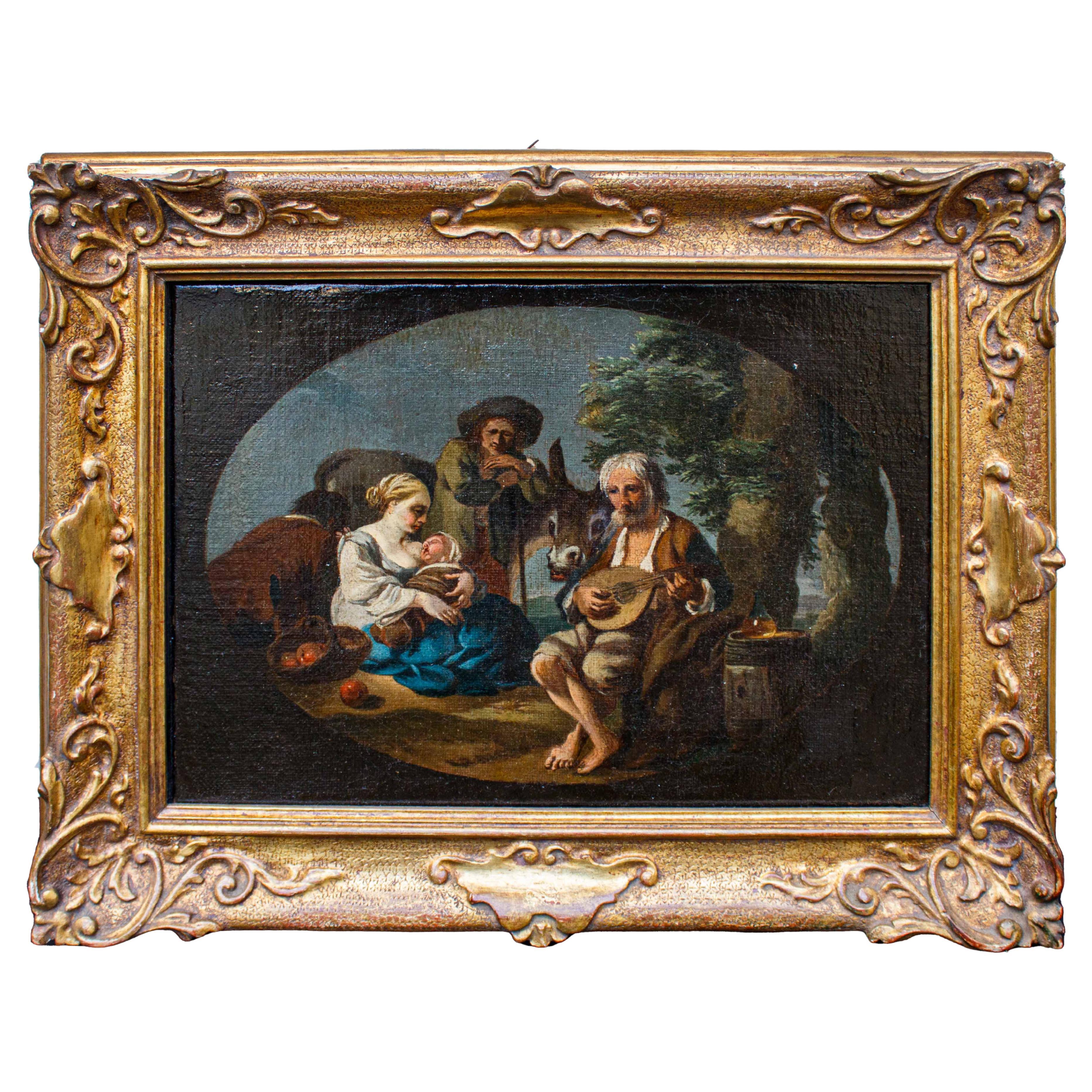 18th Century Genre Scene Painting Oil on Canvas Attributed to Paolo Monaldi