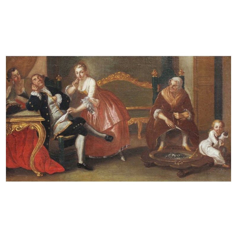 18. Jahrhundert Genre-Szene Gemälde Öl auf Leinwand von Maestro Dei Riflessi