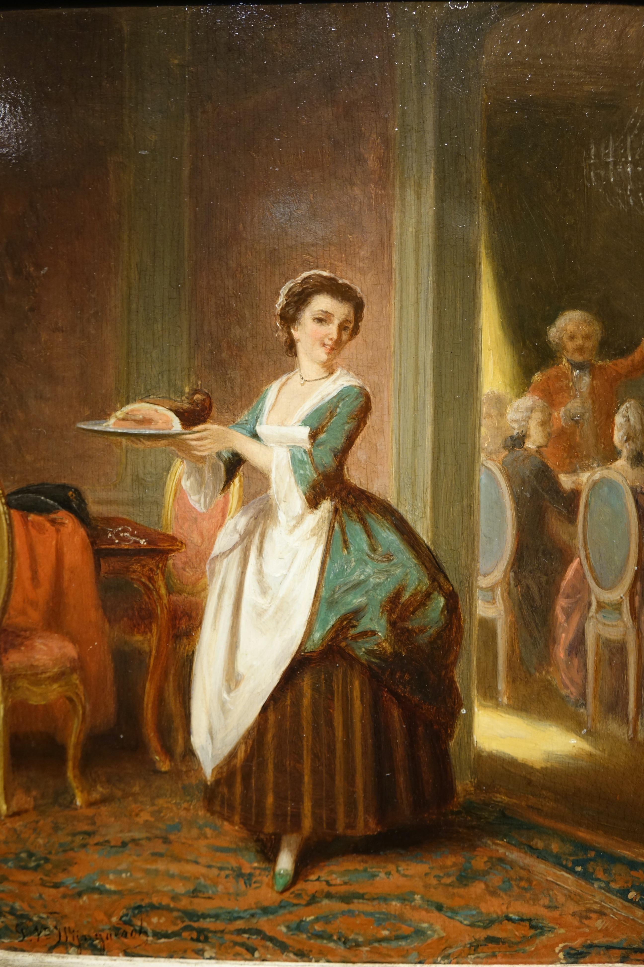  Huile sur panneau d'acajou représentant une scène de genre se déroulant au XVIIIe siècle, mais peinte vers 1870-80, signée en bas à gauche P. van Wijngaerdt. 
Une serveuse retire un plat contenant un morceau de viande, avec les invités en