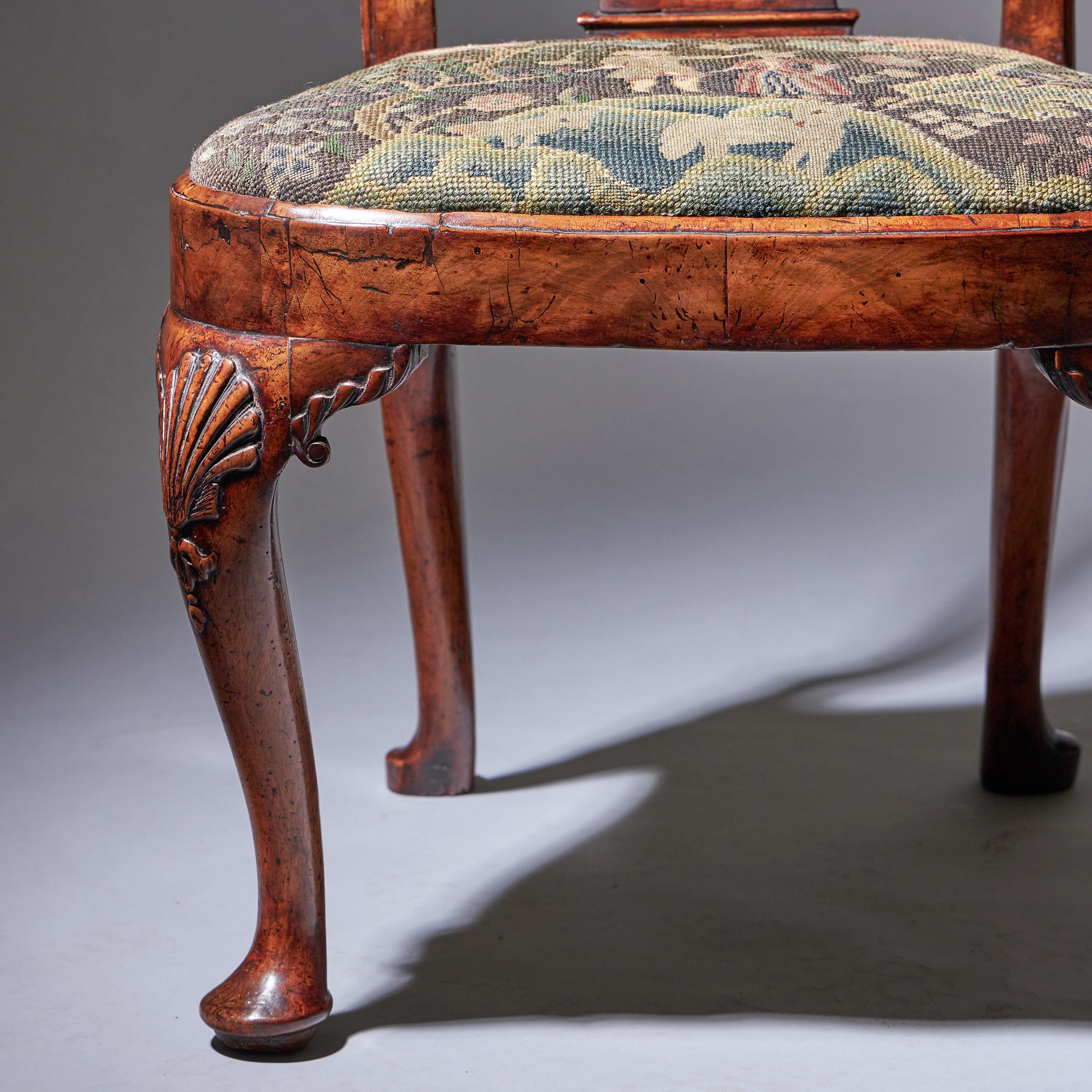 18th Century George I Carved Walnut Chair Covered in Period Needlework 7