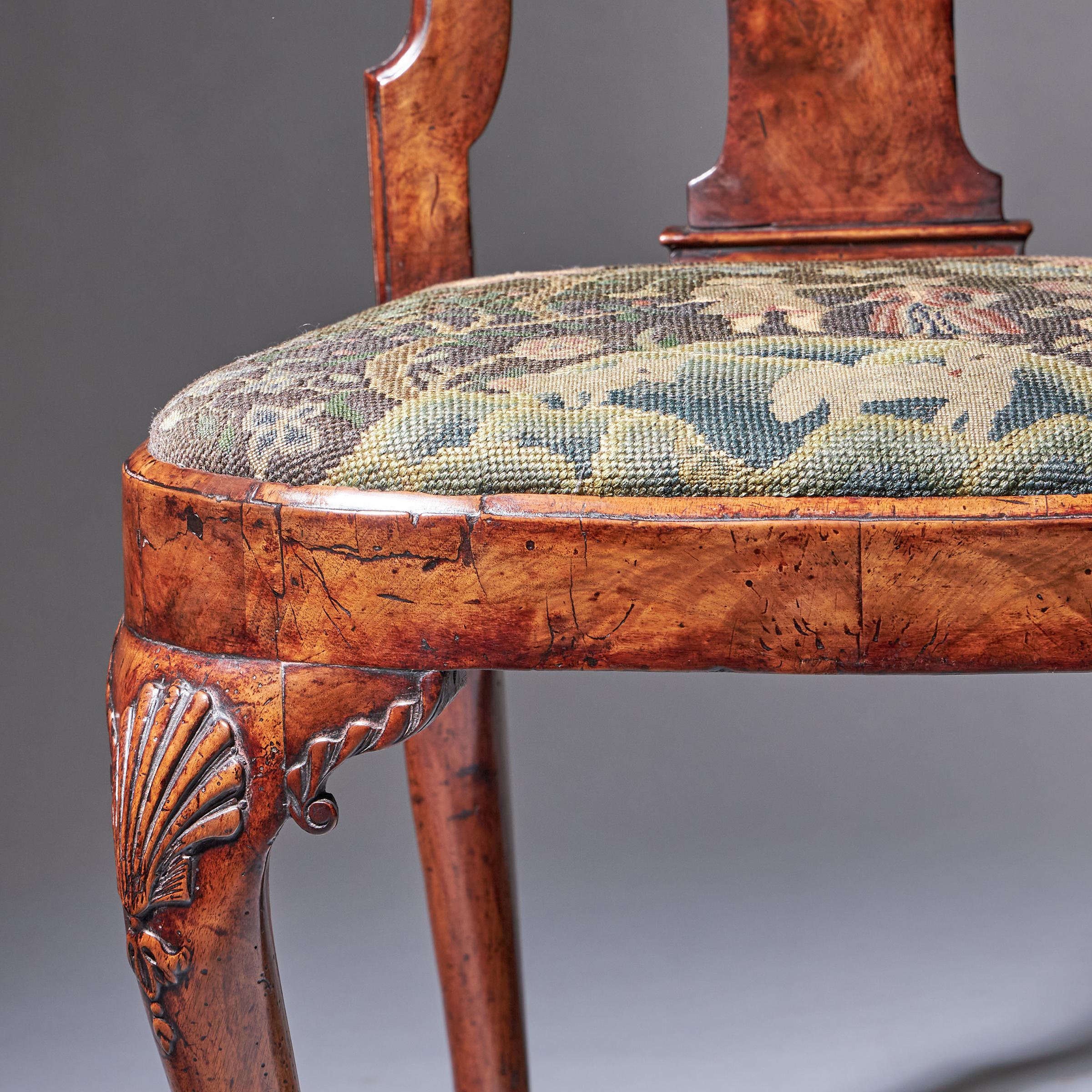 18th Century George I Carved Walnut Chair Covered in Period Needlework 8