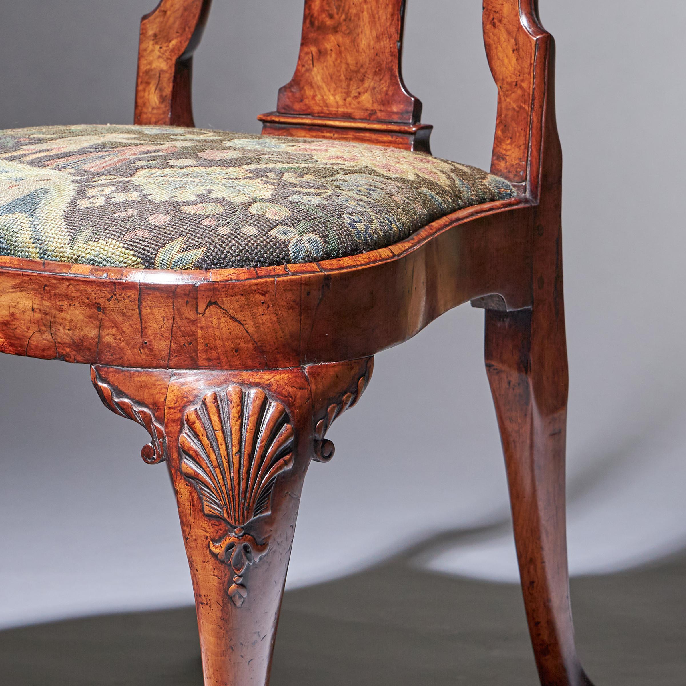 18th Century George I Carved Walnut Chair Covered in Period Needlework 9