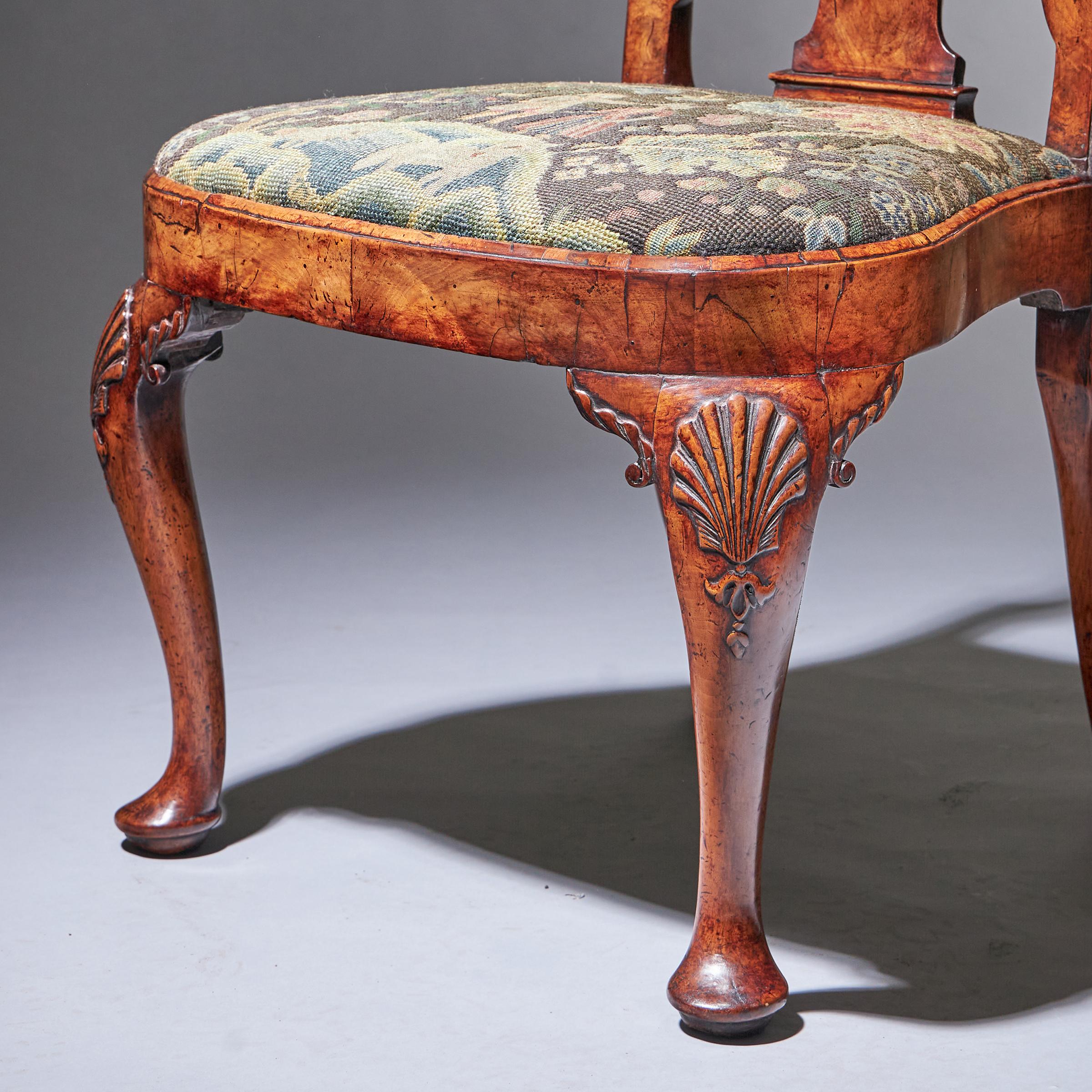 18th Century George I Carved Walnut Chair Covered in Period Needlework 10