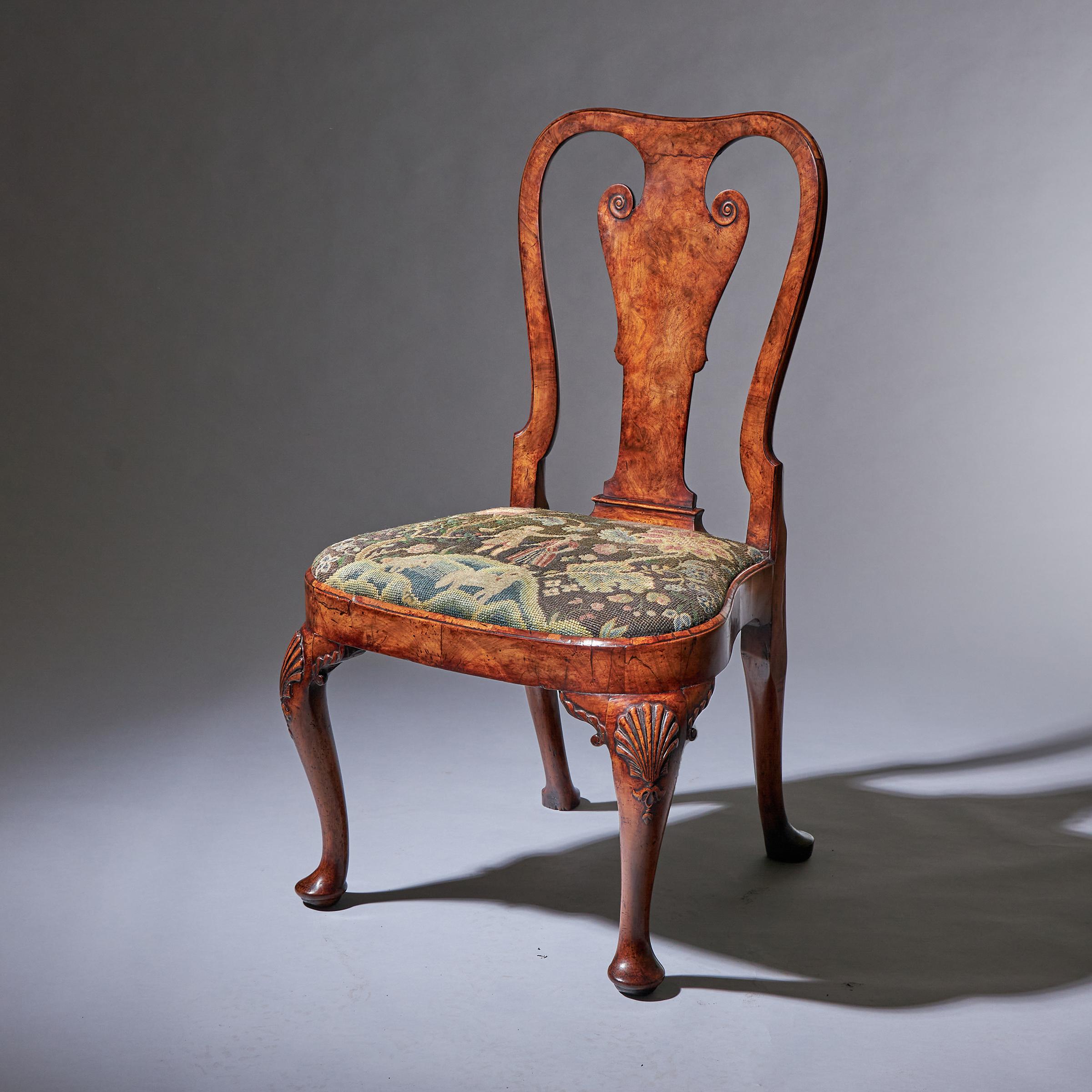 English 18th Century George I Carved Walnut Chair Covered in Period Needlework