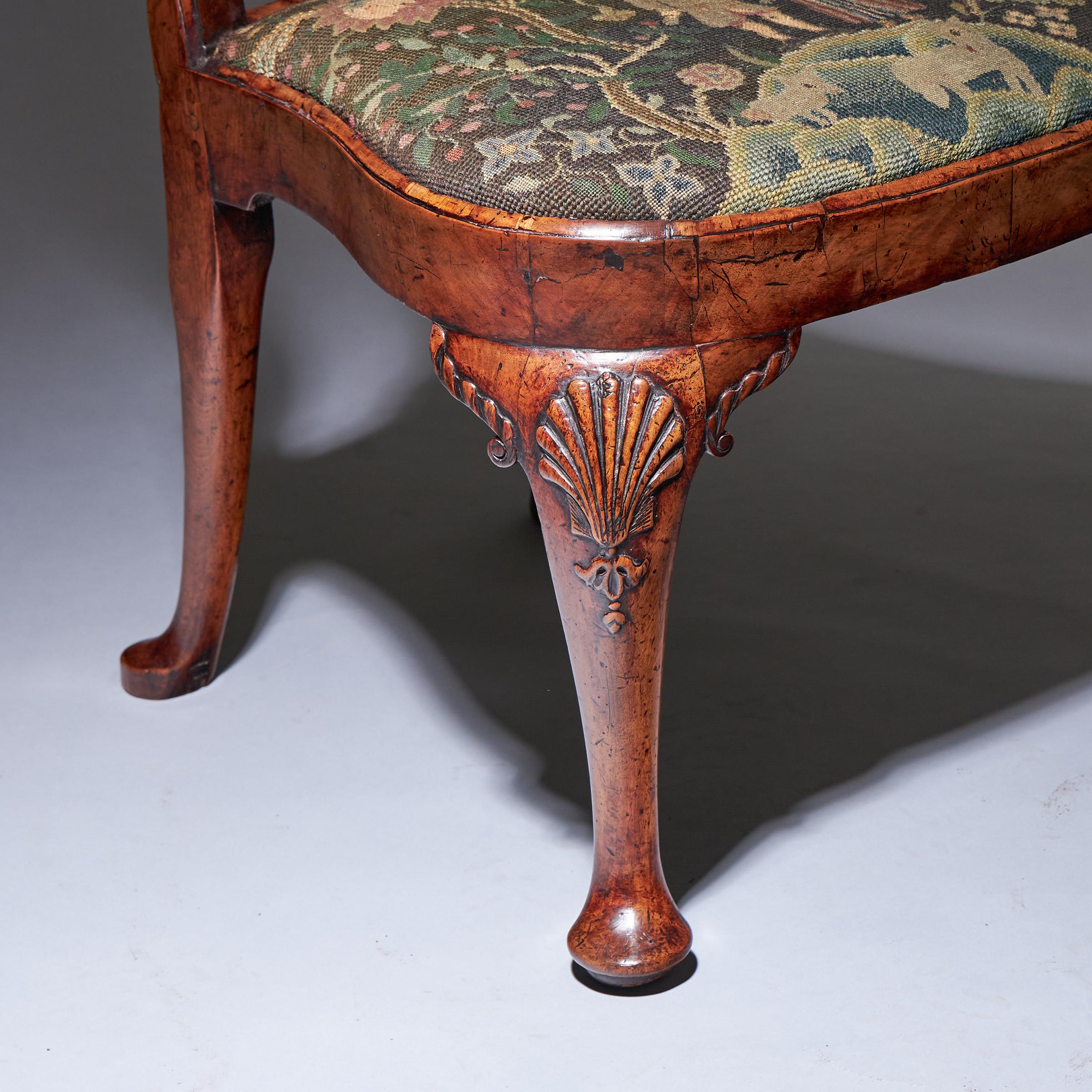 18th Century George I Carved Walnut Chair Covered in Period Needlework 3