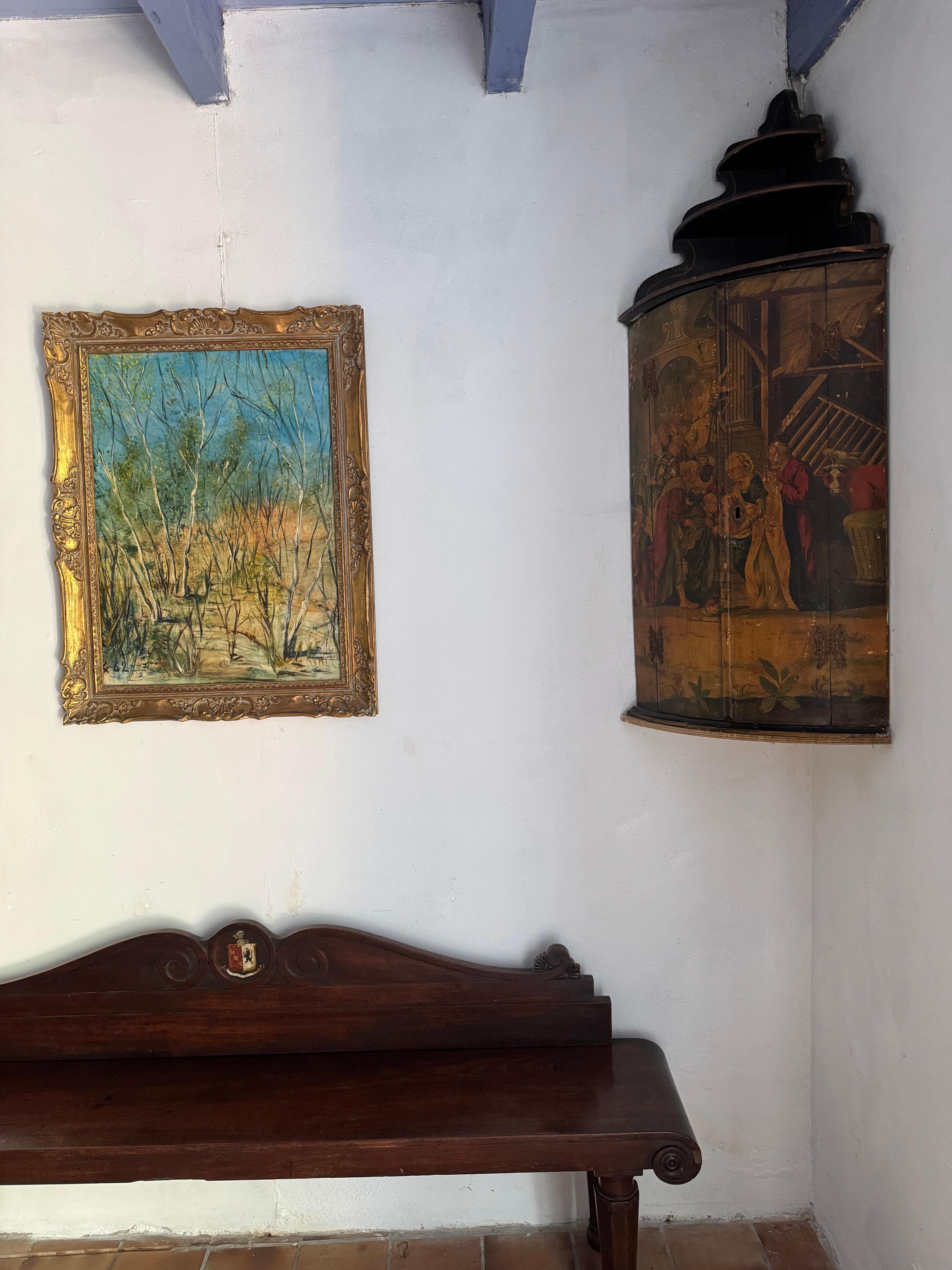 A beautiful George I bow fronted polychrome corner cupboard. Made in Holland and exported to England. Naïve allegorical scene depicting Christ being presented to the Magi. Minor Historic damage with iron butterfly hinges. Lock and escutcheon
