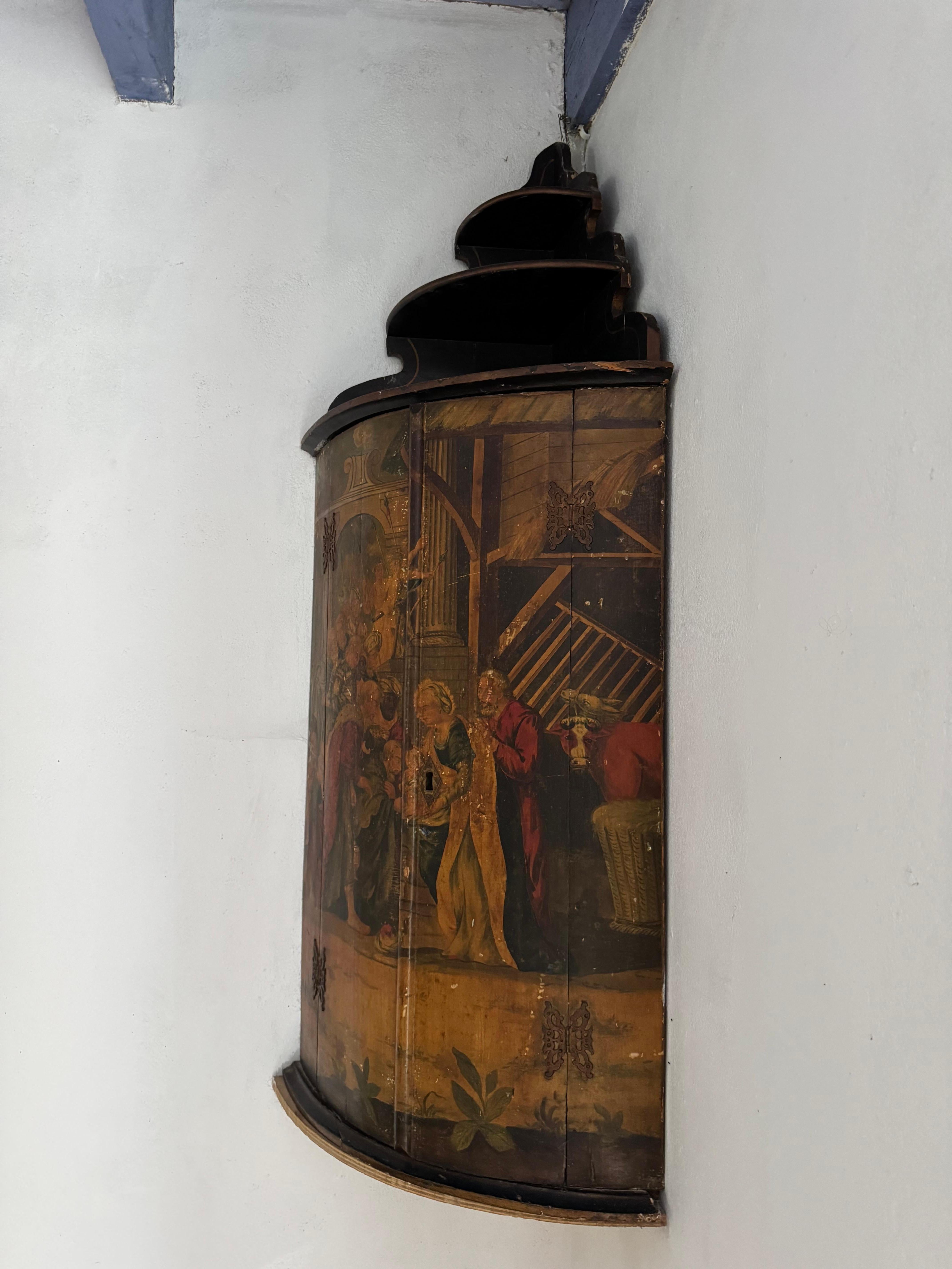 Baroque 18th century George I polychrome corner cupboard with allegorical scene For Sale