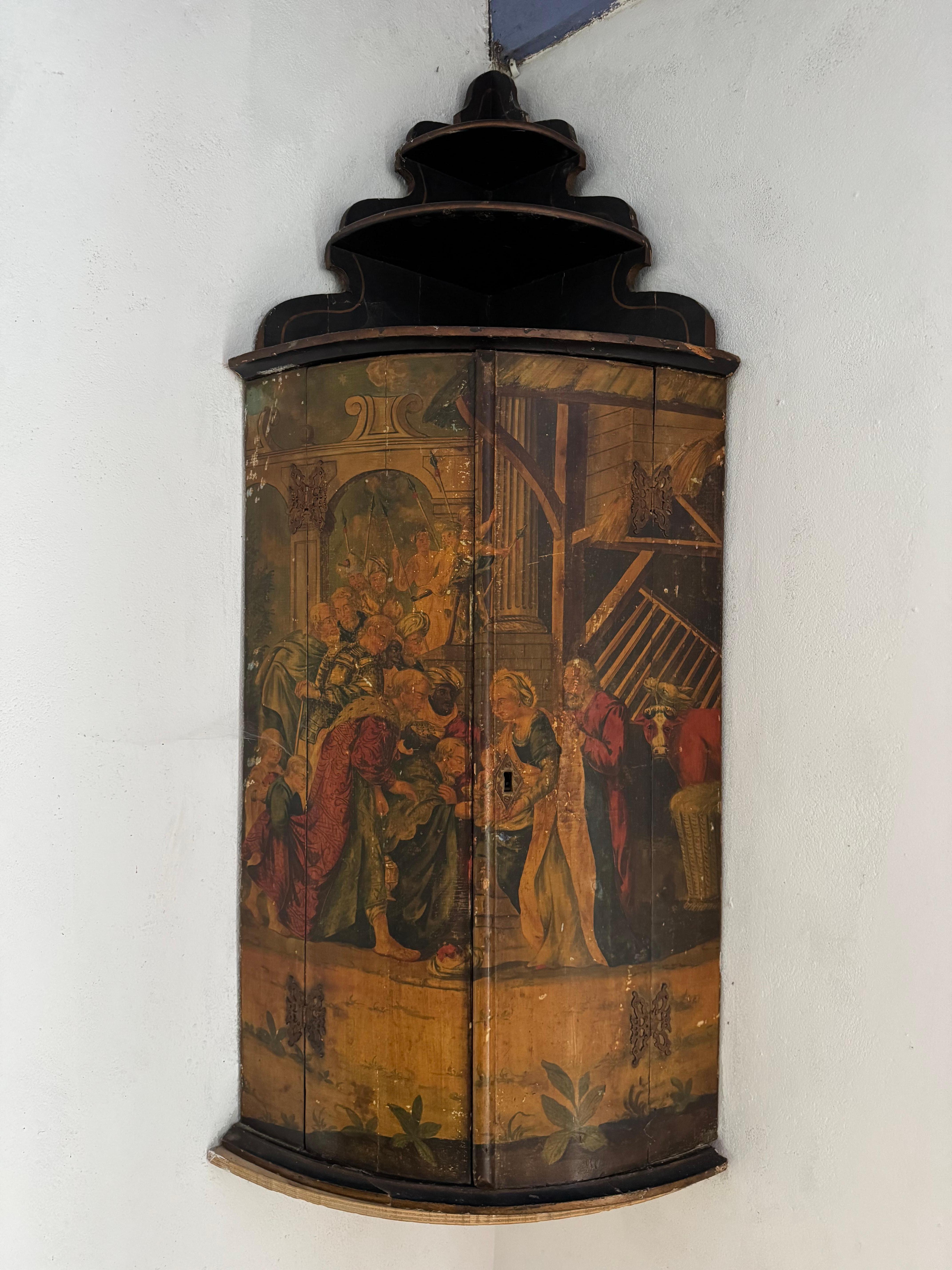 Dutch 18th century George I polychrome corner cupboard with allegorical scene For Sale