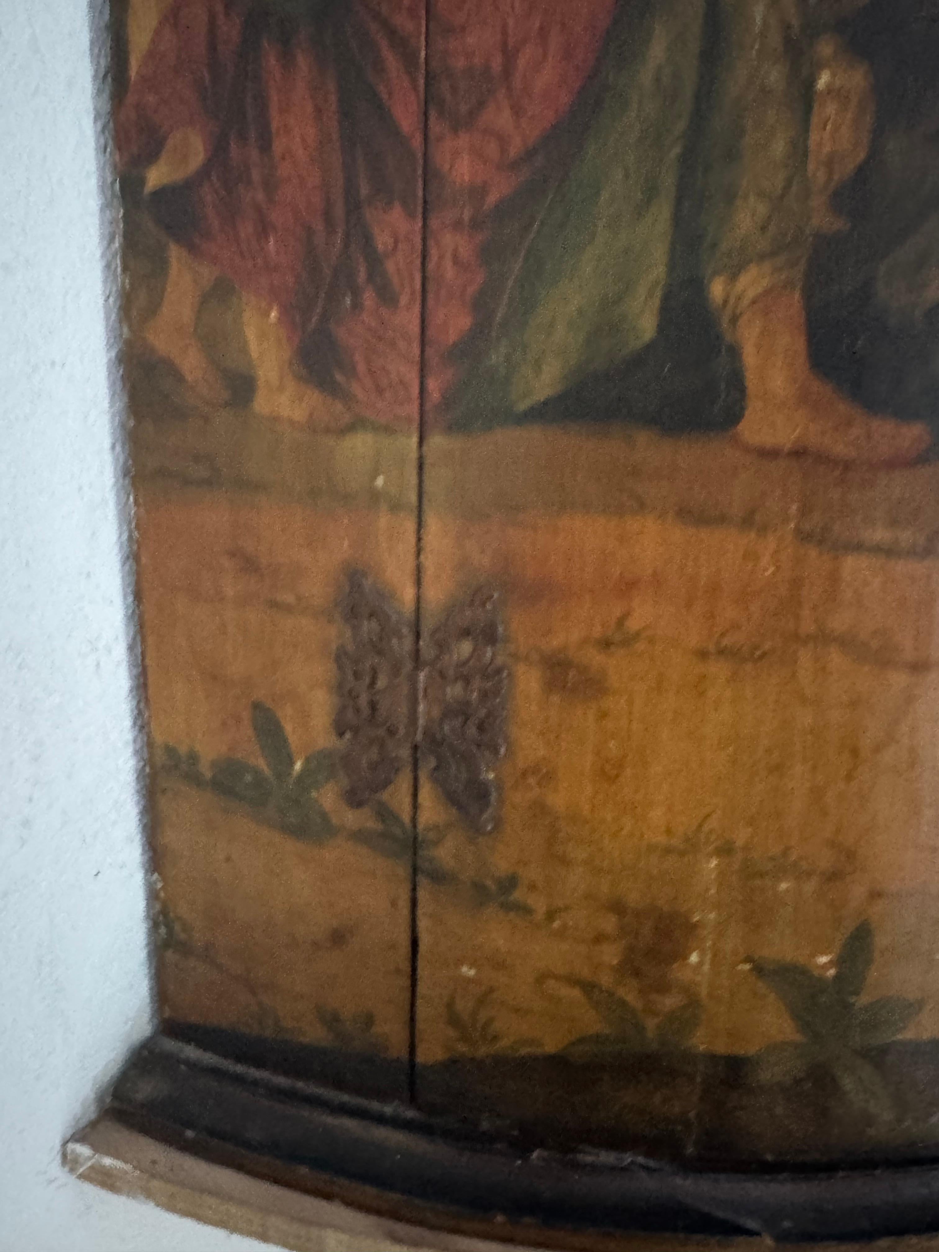 Wood 18th century George I polychrome corner cupboard with allegorical scene For Sale