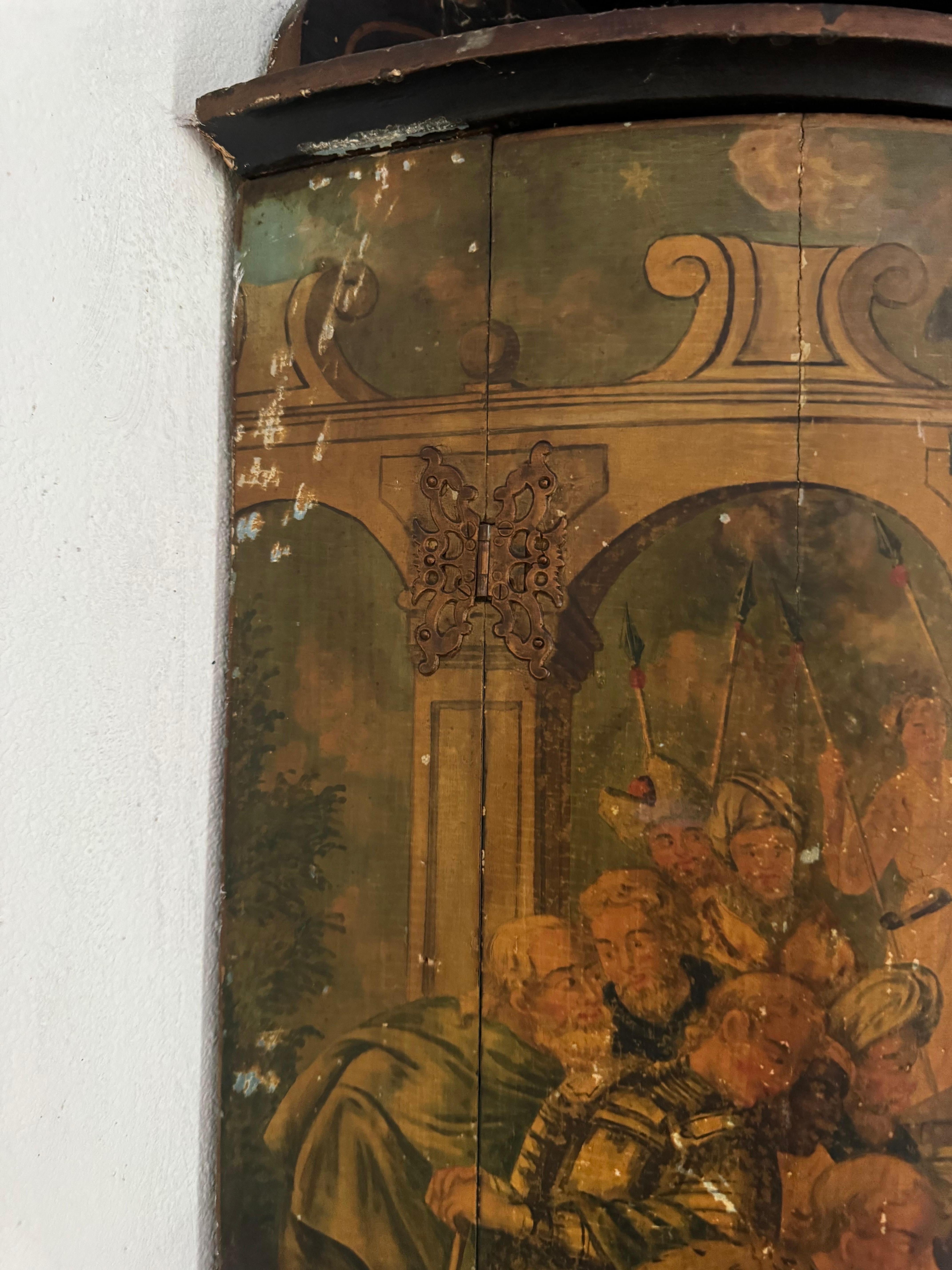 18th century George I polychrome corner cupboard with allegorical scene For Sale 1