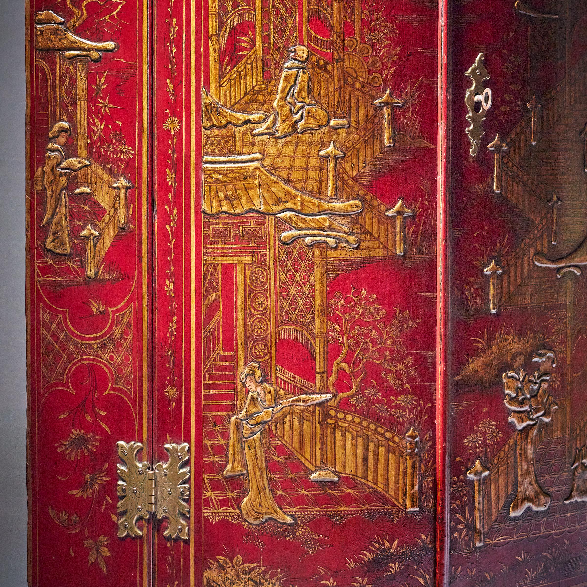 Lacquer 18th Century George II Scarlet/Red Japanned Corner Cupboard, Att. Giles Grendey For Sale