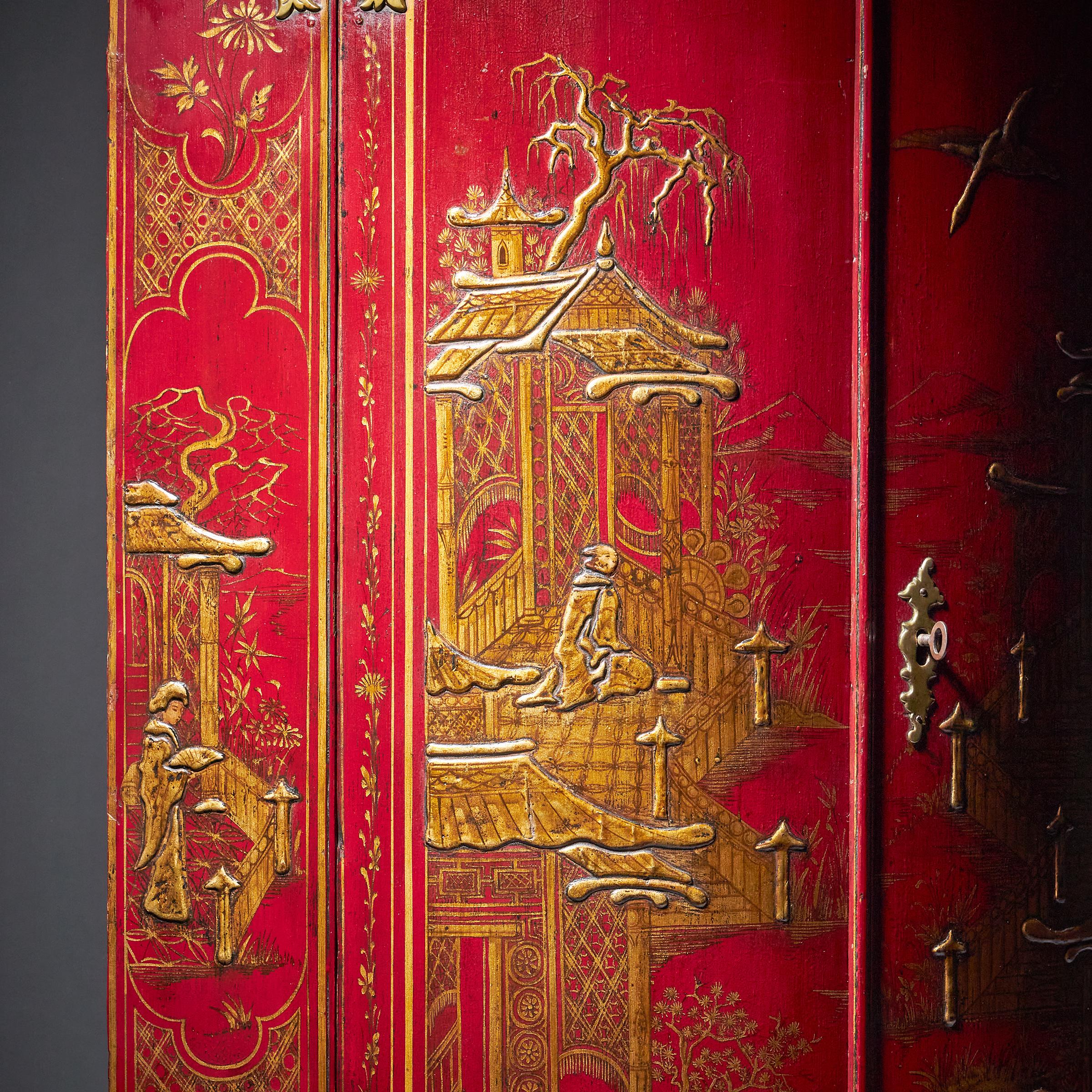 18th Century George II Scarlet/Red Japanned Corner Cupboard, Att. Giles Grendey For Sale 2