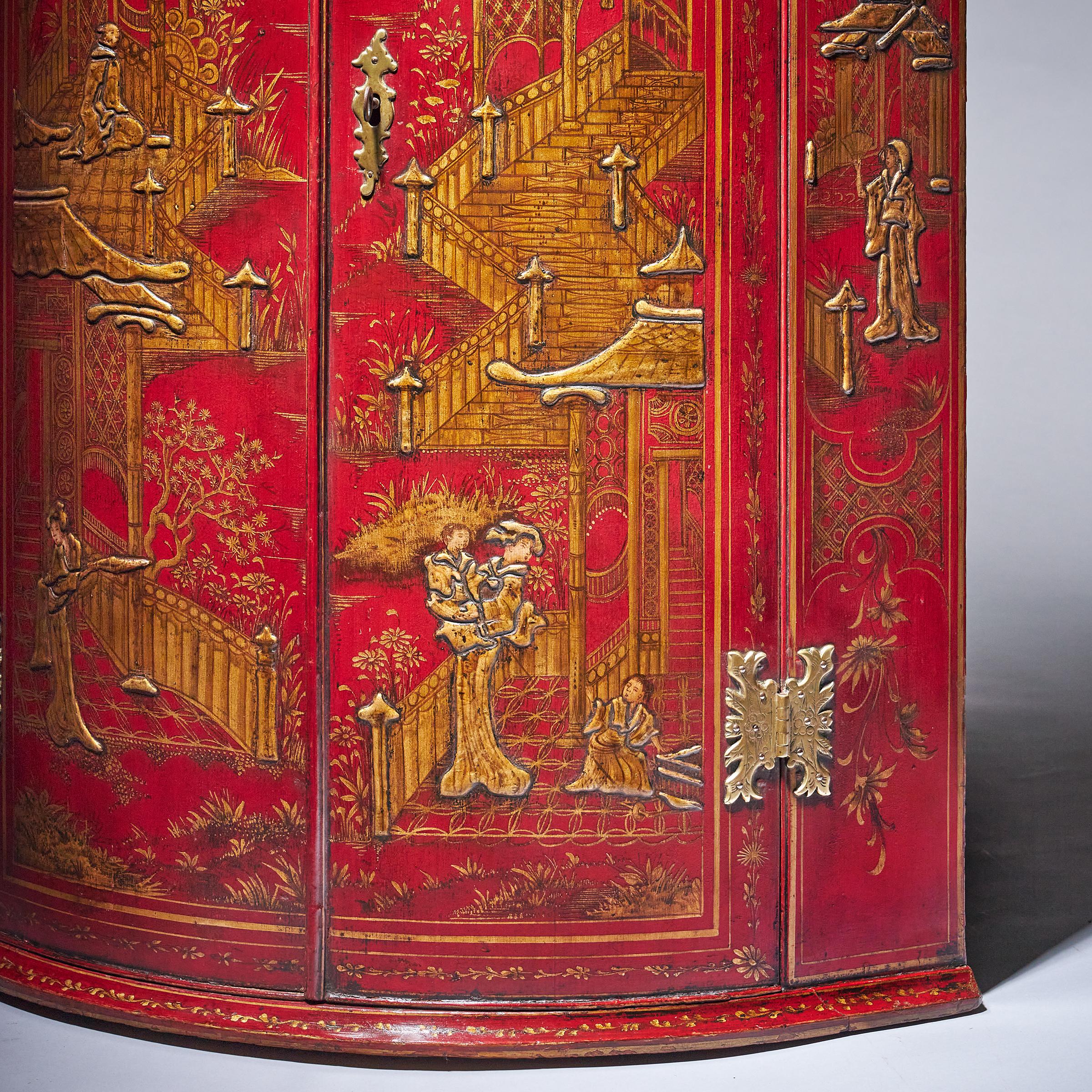 18th Century George II Scarlet/Red Japanned Corner Cupboard, Att. Giles Grendey For Sale 4