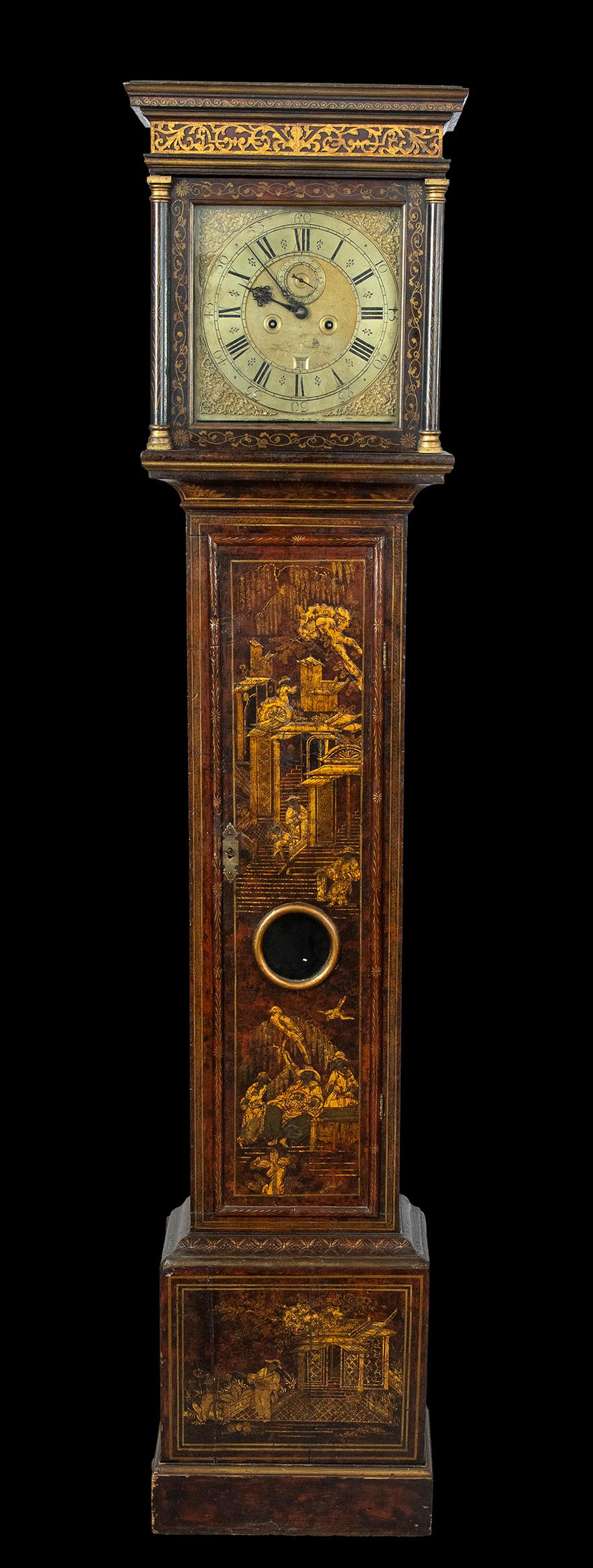 Fantastic late 17th century English clock, black and red lacquered, with gold chinoiserie figures, mechanism untested but in good order. Small flaws, but a watch over 300 years old can be forgiven....
