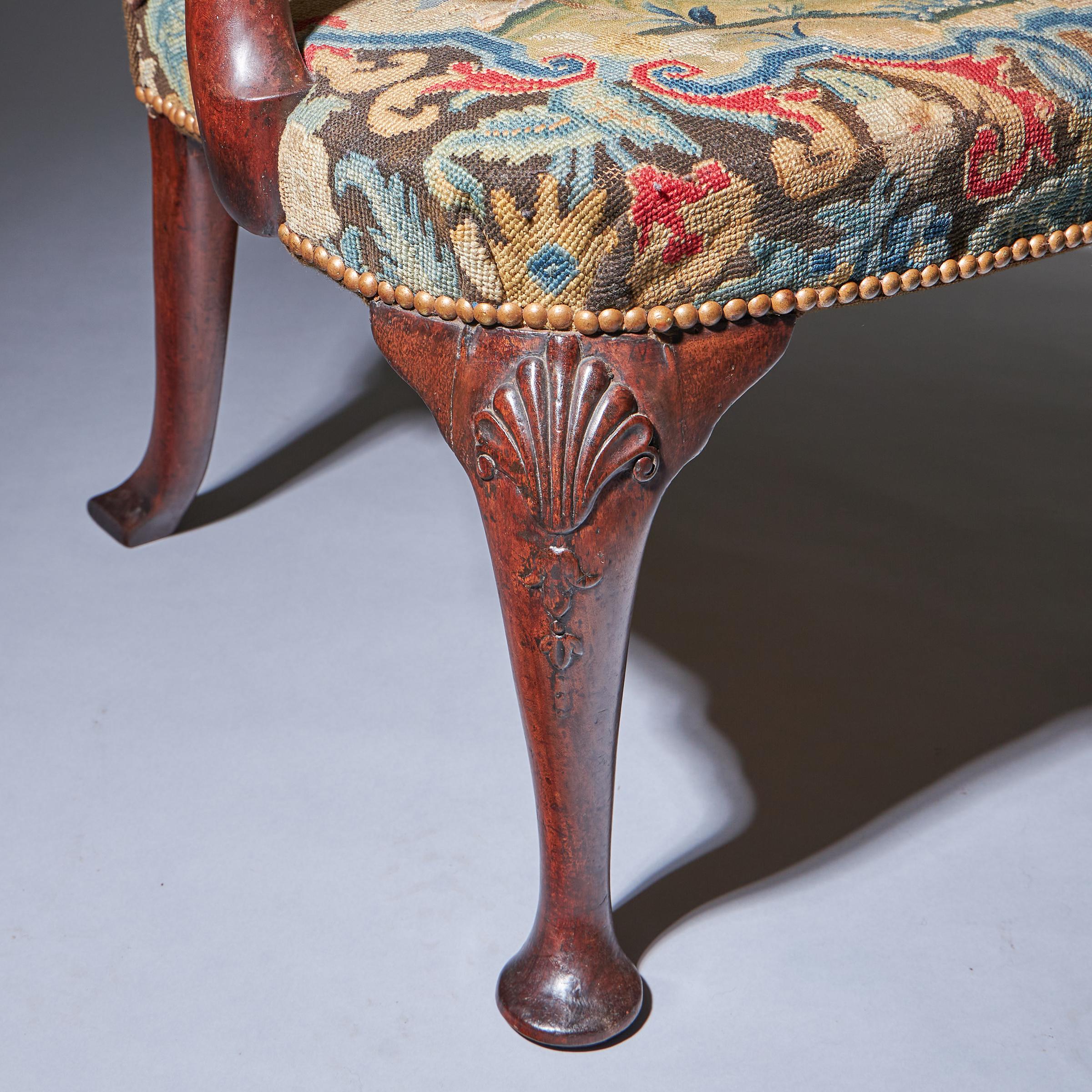 18th Century George I Walnut Shepherds Crook Armchair with Period Needlework For Sale 6