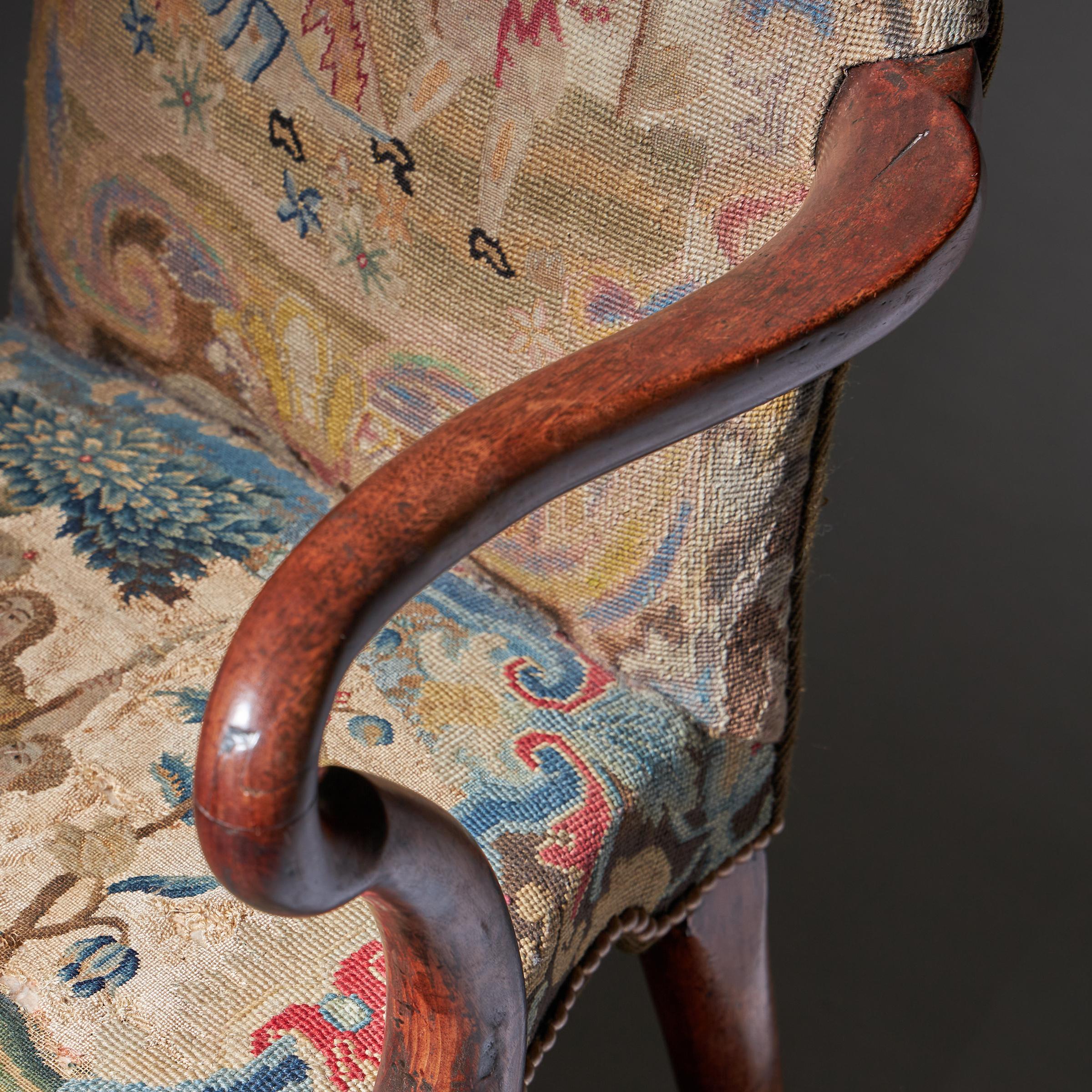 18th Century George I Walnut Shepherds Crook Armchair with Period Needlework For Sale 13