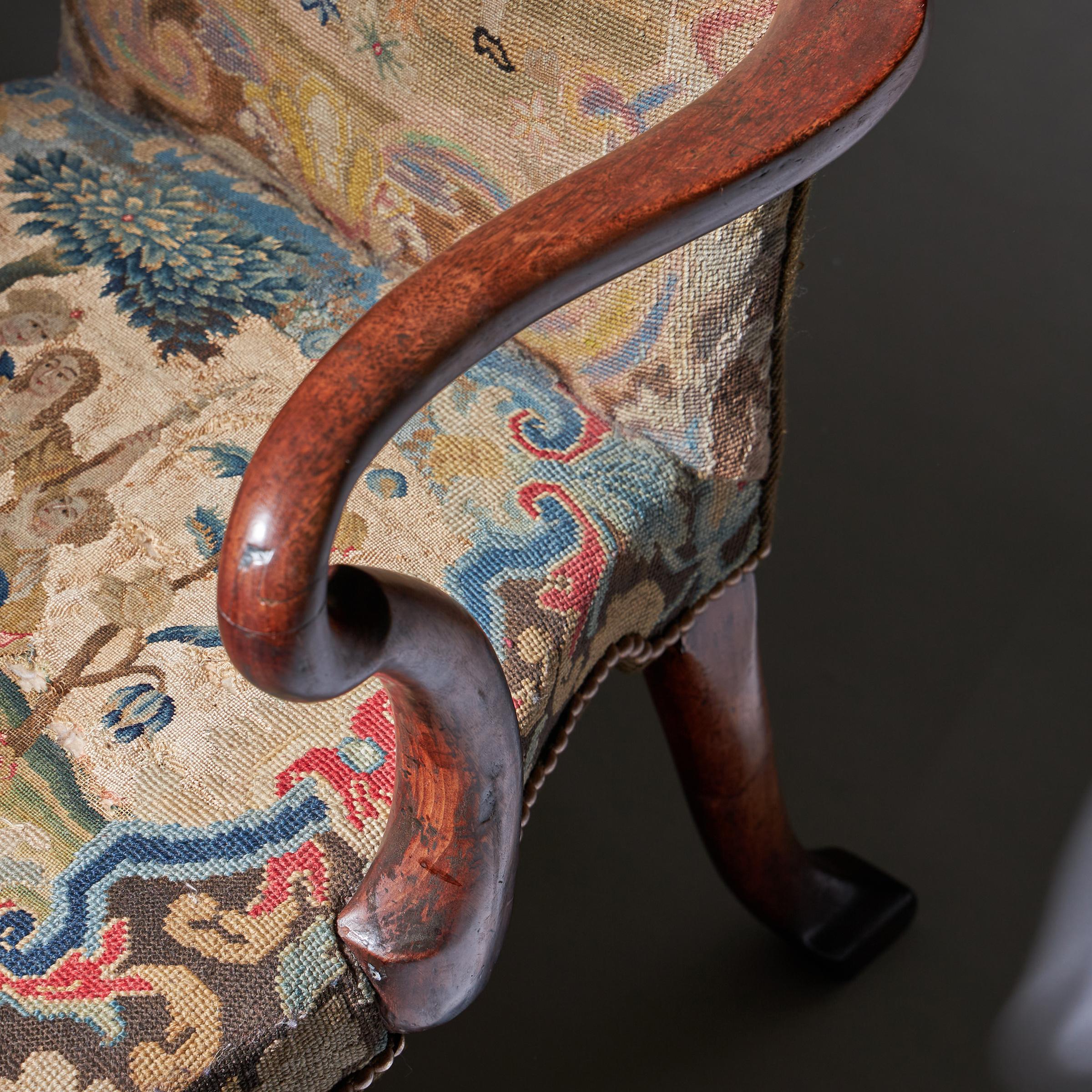 18th Century George I Walnut Shepherds Crook Armchair with Period Needlework For Sale 14