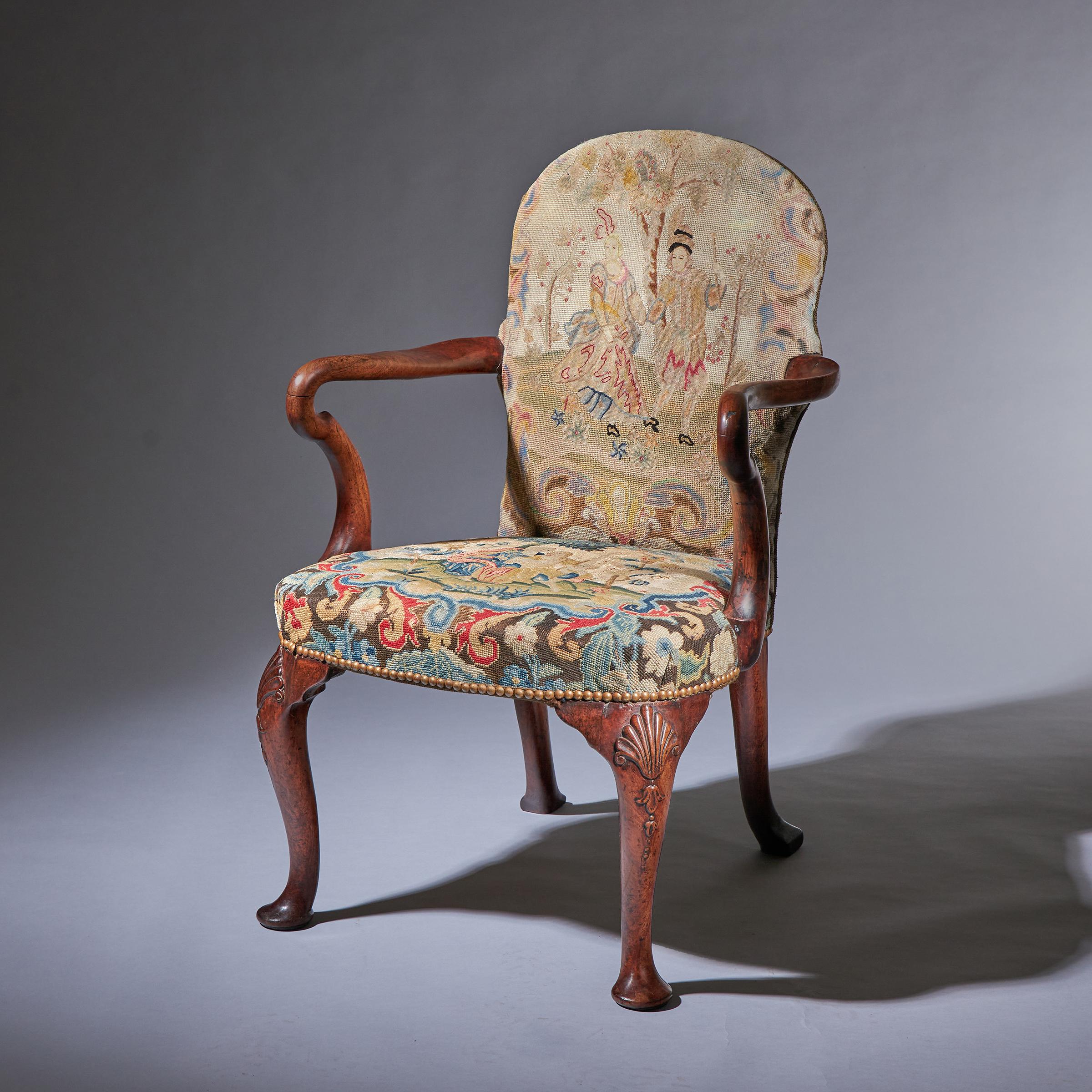 English 18th Century George I Walnut Shepherds Crook Armchair with Period Needlework For Sale