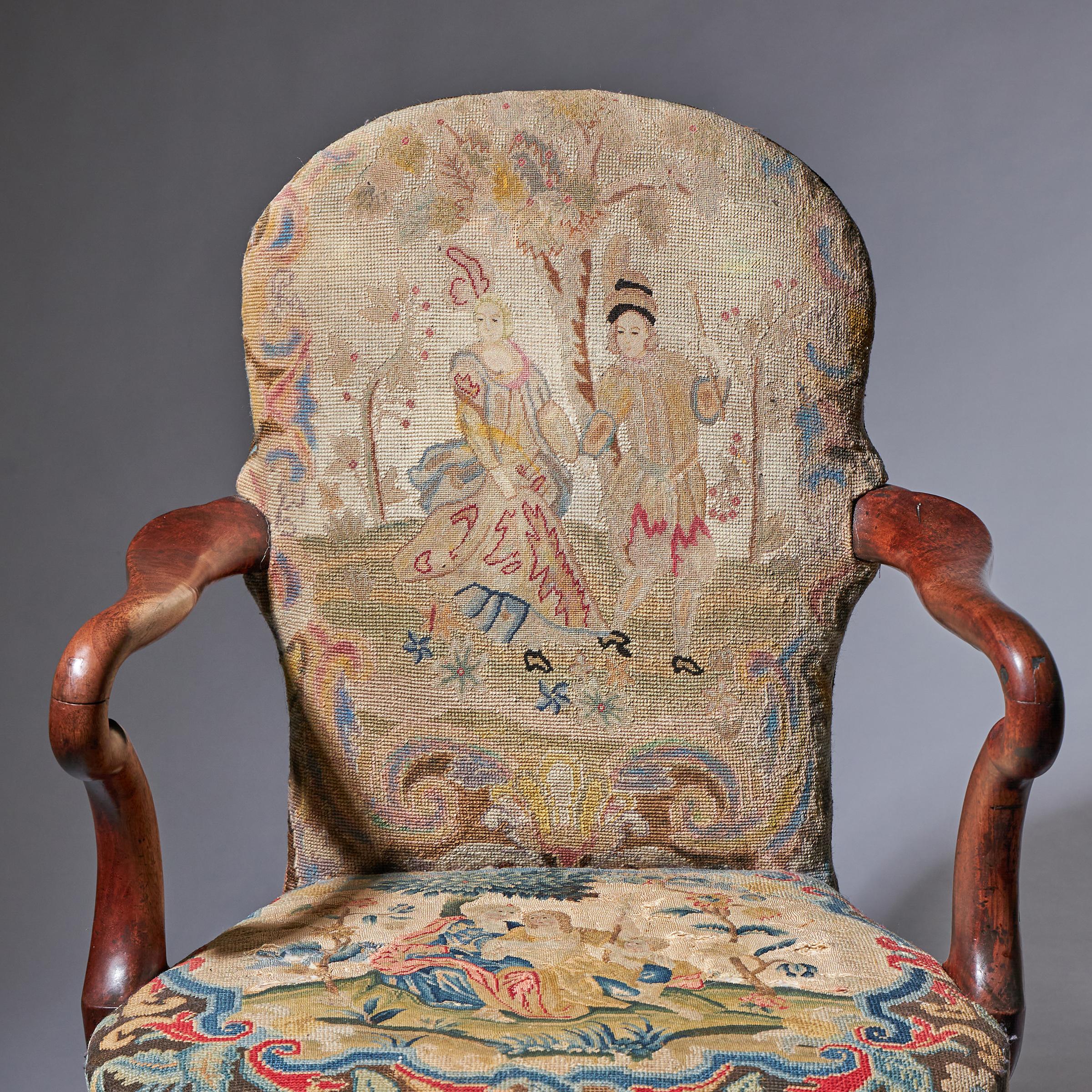 Tapestry 18th Century George I Walnut Shepherds Crook Armchair with Period Needlework For Sale