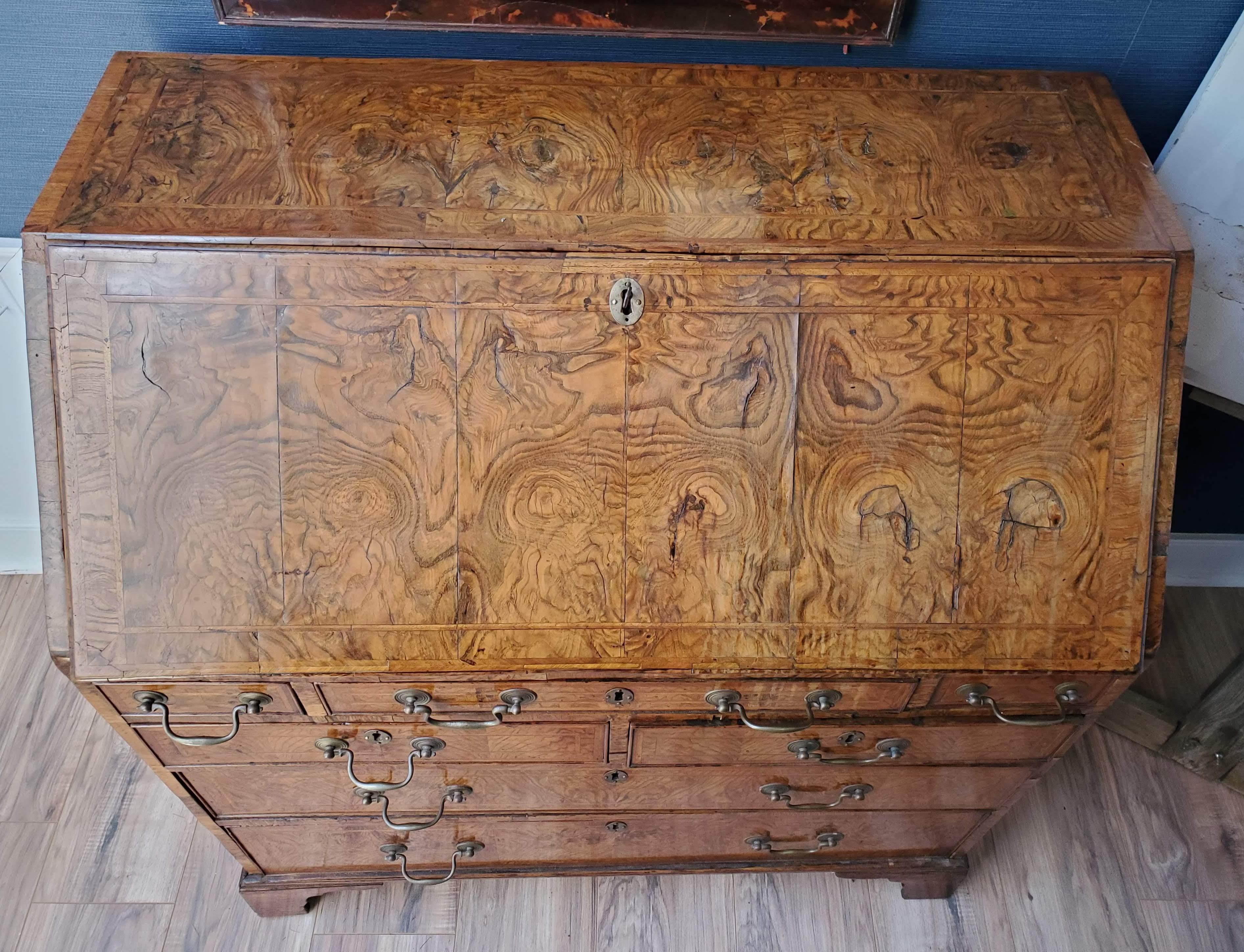 18th Century George II Burled Ash and Walnut Slant Top Desk 1
