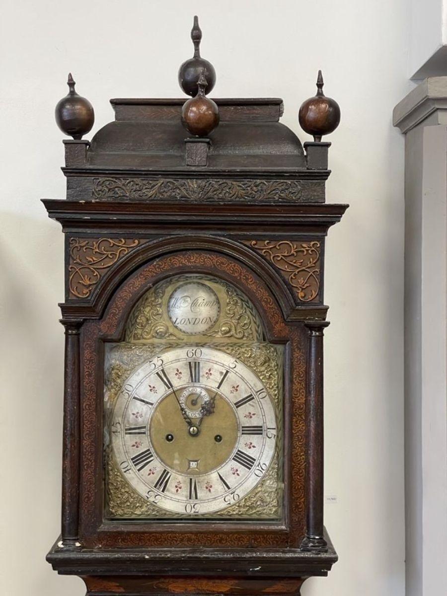 George II Japanned Tall Case Clock, 18th century, the brass filigree dial signed 