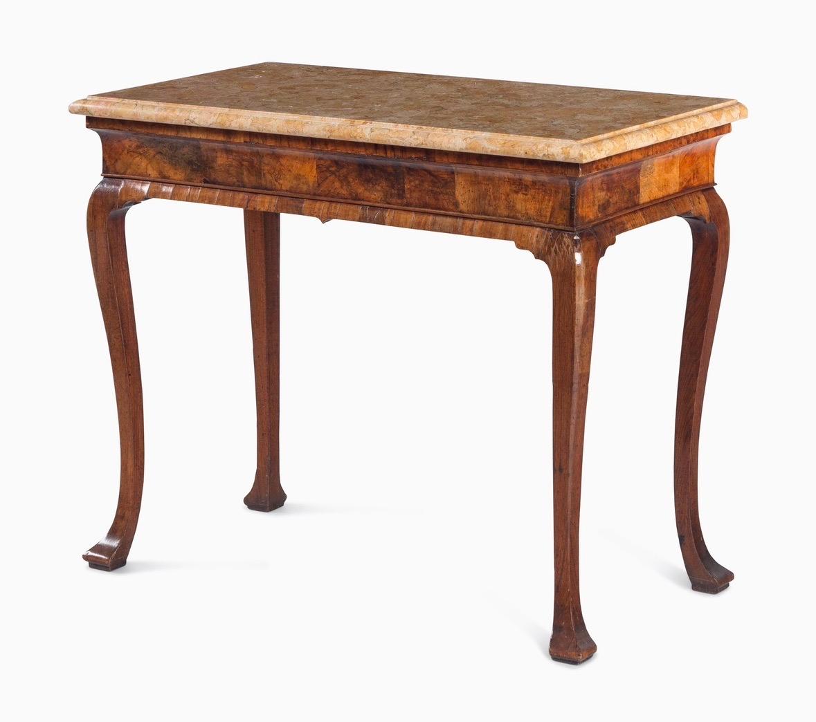 British 18th Century George II Figured Walnut Console Table, Sienna Brocatelle Marble For Sale