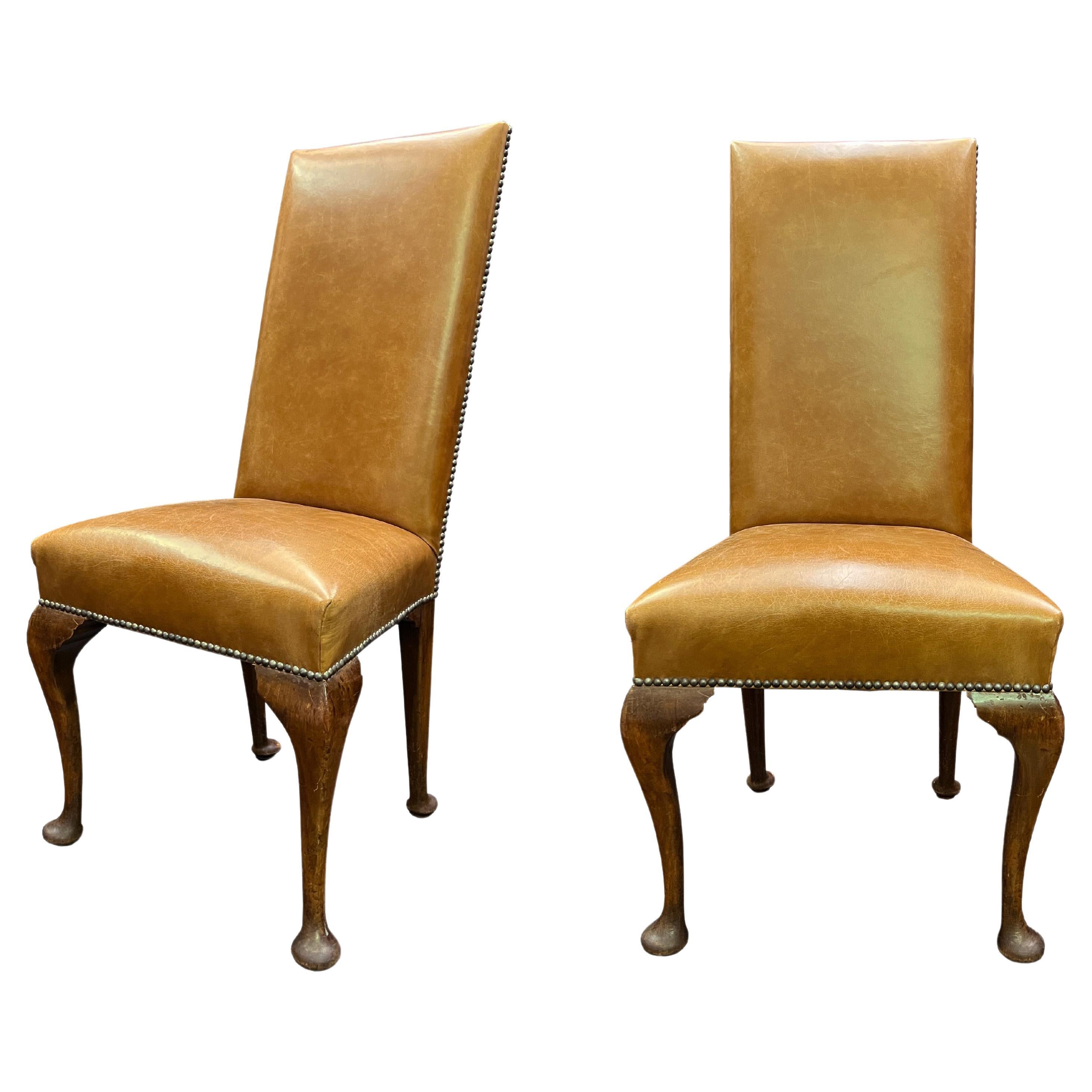 18th Century George II Leather Upholstered Mahogany Side Chairs For Sale