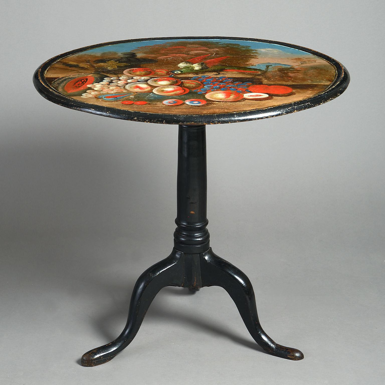 The circular tilt-top very finely painted with a still life of an urn, fruit and a parrot against a scenic landscape, raised on a gun-barrel turned central support with tripod base. A very rare survival of Anglo-Dutch decorated furniture from the