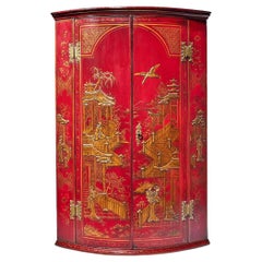 18th Century George II Scarlet/Red Japanned Corner Cupboard, Att. Giles Grendey