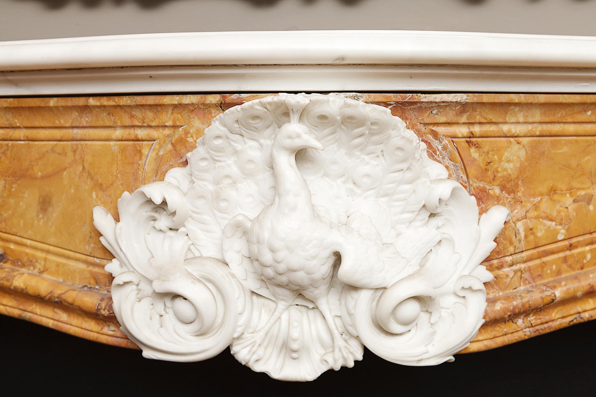 A very rare 18th century George II sienna and white statuary marble fire surround in the manner of Louis XV, designed by Isaac Ware. Principally of well figured sienna marble with statuary marble shelf and embellishments. Of serpentine form, the