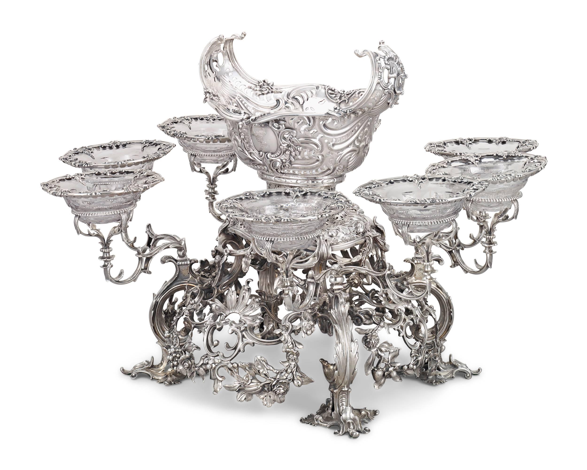 Renowned 18th century English silversmith Thomas Gilpin, regarded as one of the great Rococo silversmiths and a contemporary of Paul de Lamerie, created this highly important silver epergne. A lasting symbol of dining elegance and social status for