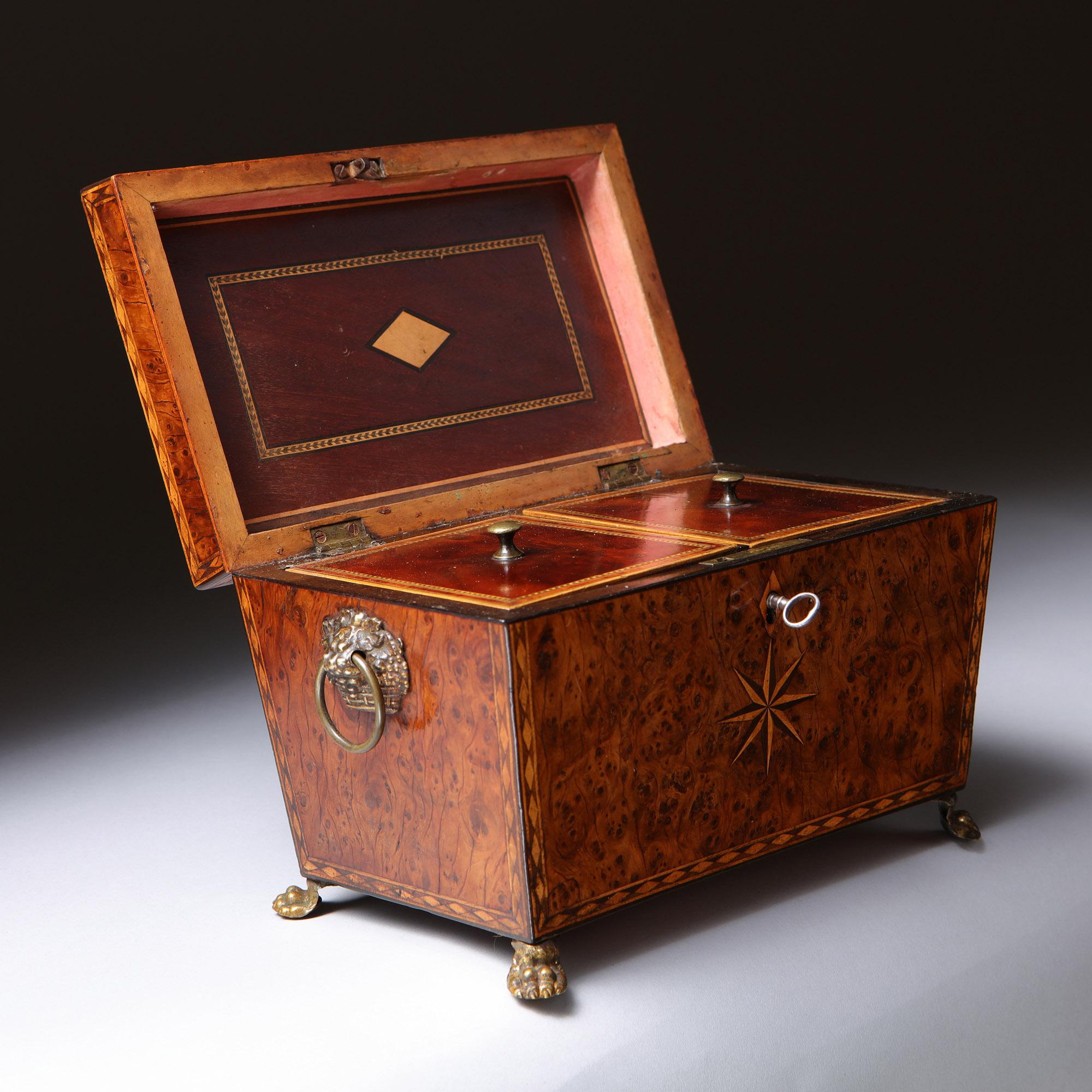English 18th Century George III Burr Yew Tea Caddy with Star Inlay and Brass Accents For Sale