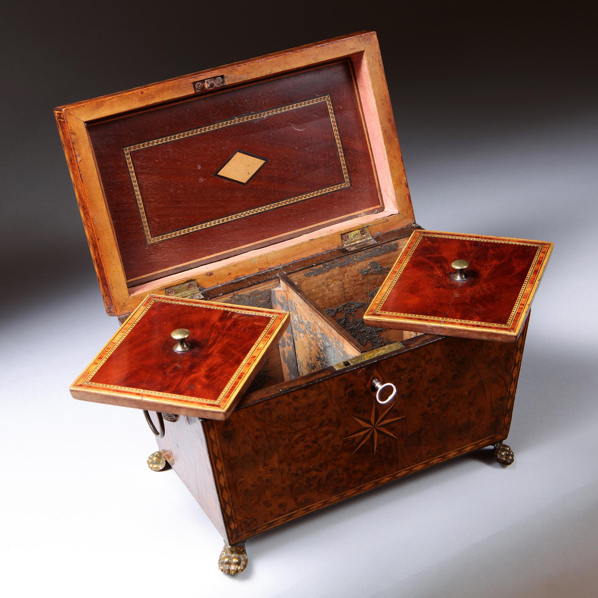 18th Century George III Burr Yew Tea Caddy with Star Inlay and Brass Accents In Good Condition For Sale In Oxfordshire, United Kingdom