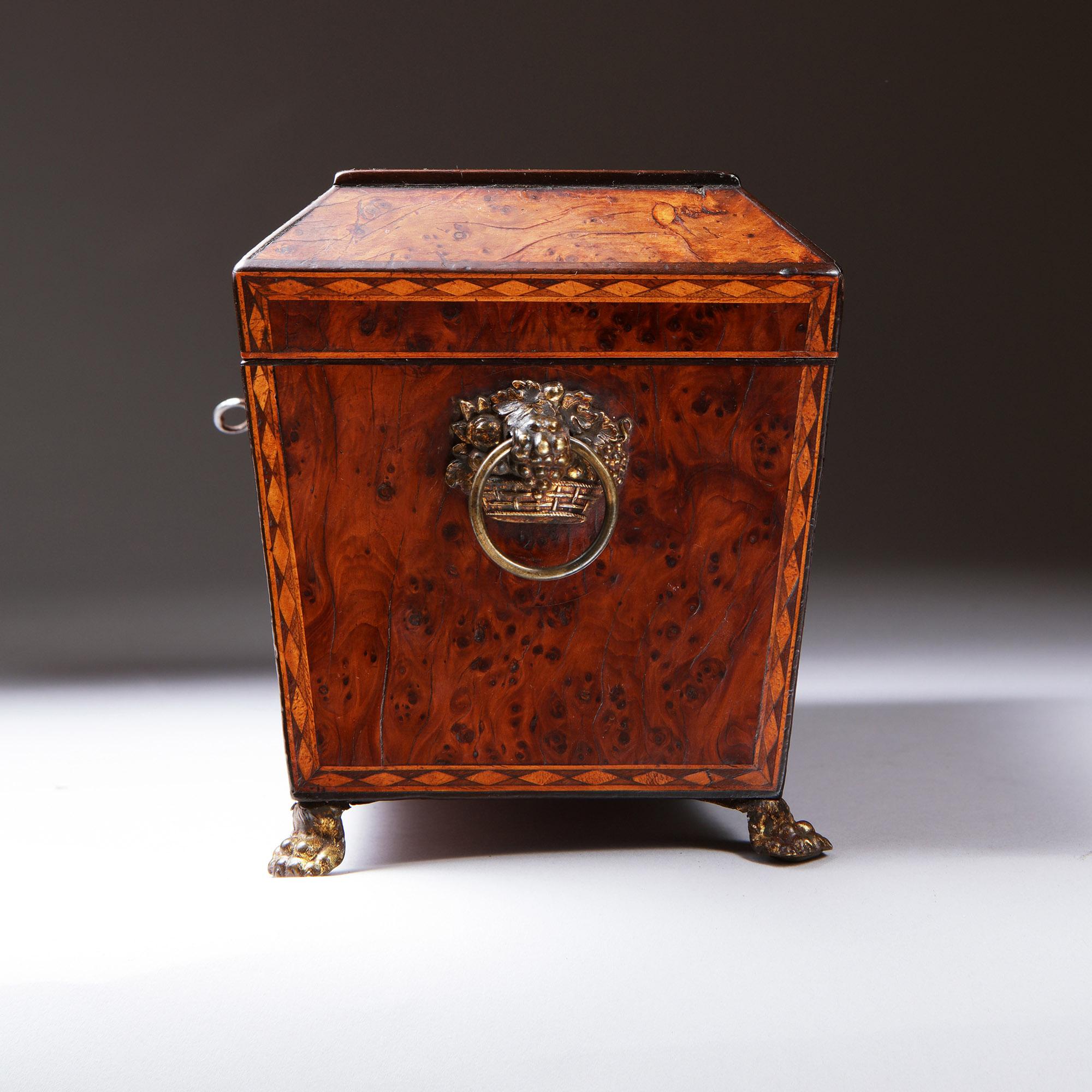 18th Century and Earlier 18th Century George III Burr Yew Tea Caddy with Star Inlay and Brass Accents For Sale
