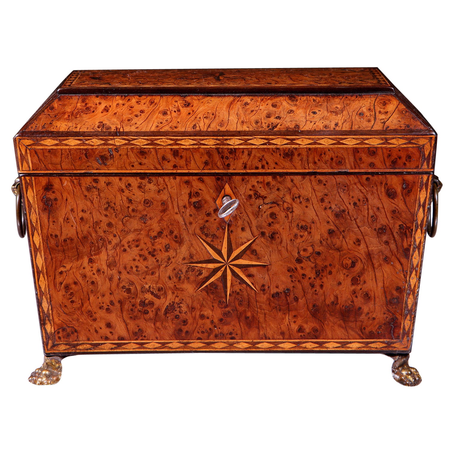 18th Century George III Burr Yew Tea Caddy with Star Inlay and Brass Accents