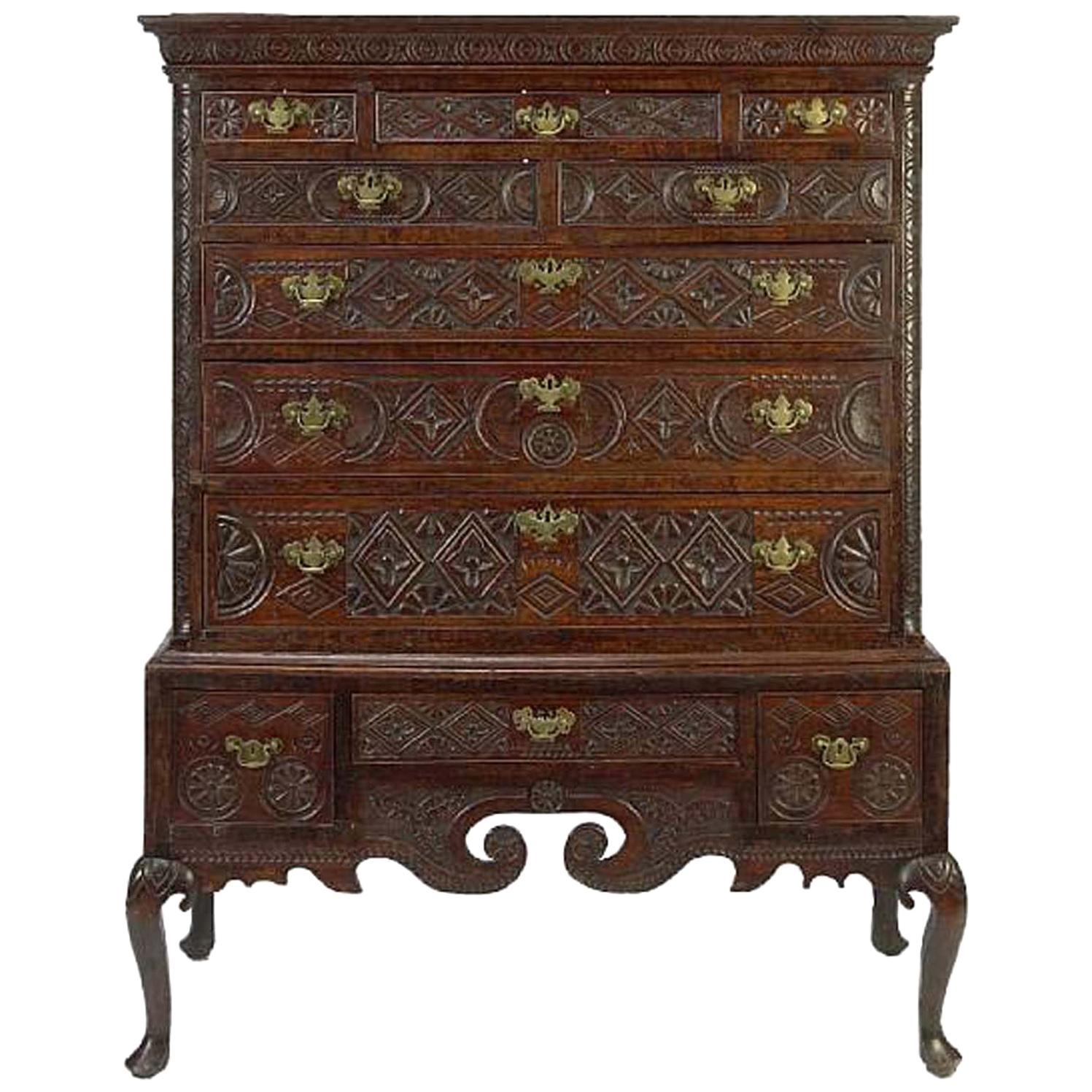 18th Century George III Carved Oak Highboy Cabinet