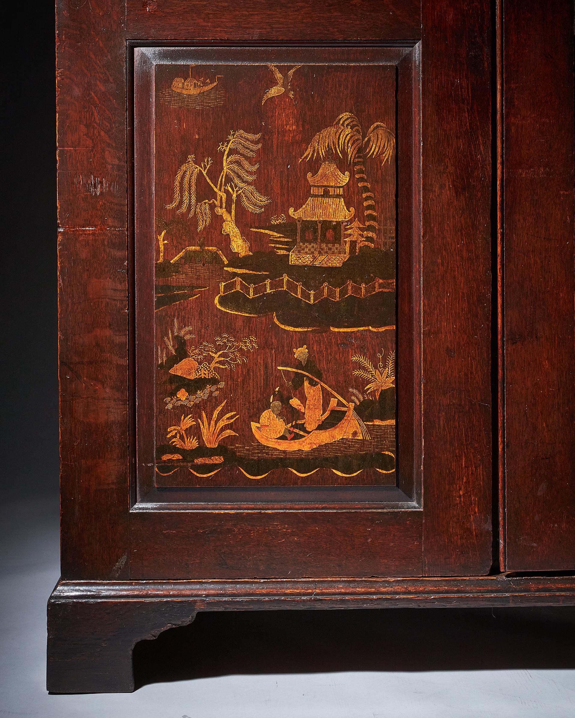 Oak 18th Century George III Chinoiserie Japanned Wardrobe, Chippendale Period, C1770