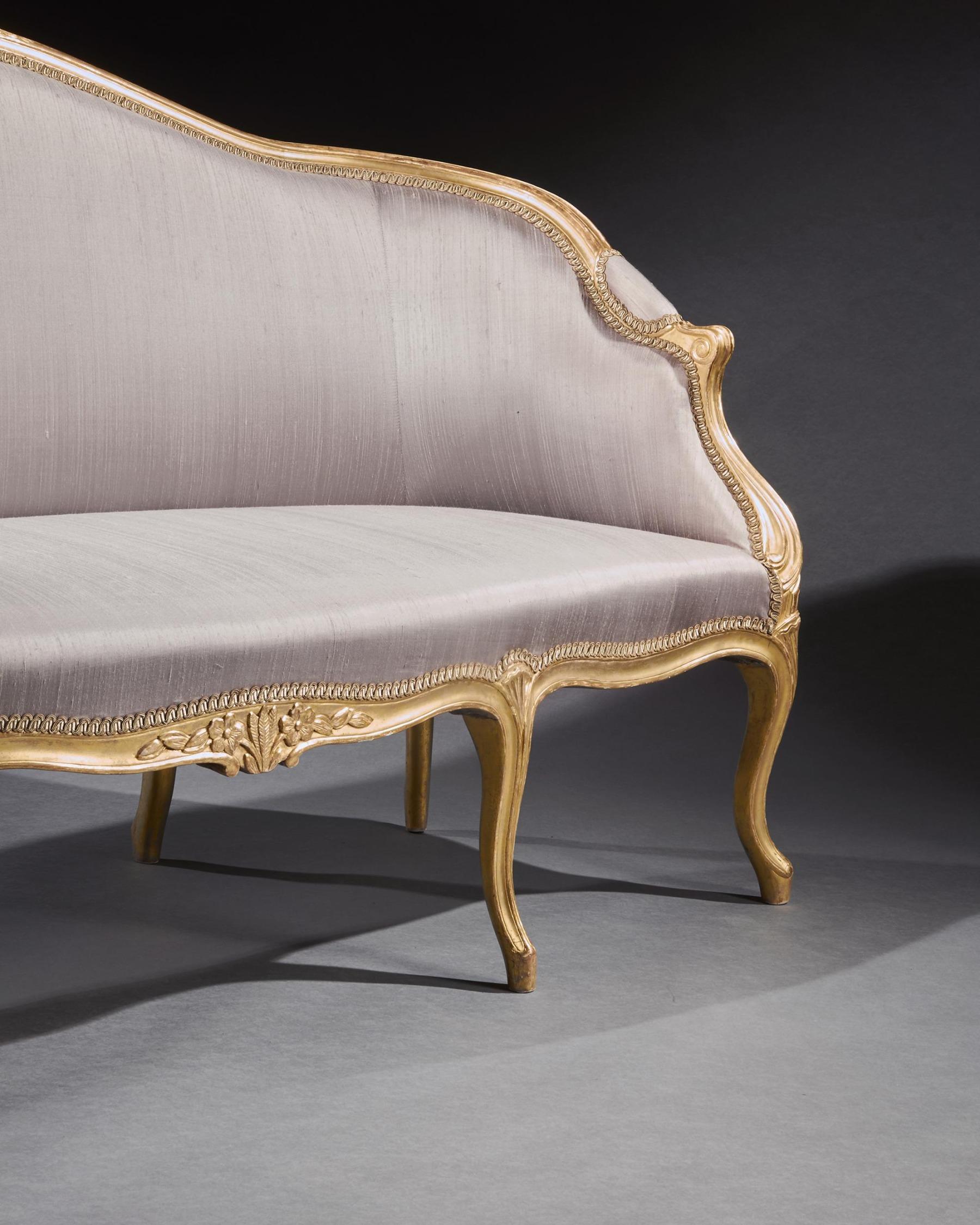 English 18th Century George III Giltwood Silk Upholstered French Hepplewhite Sofa