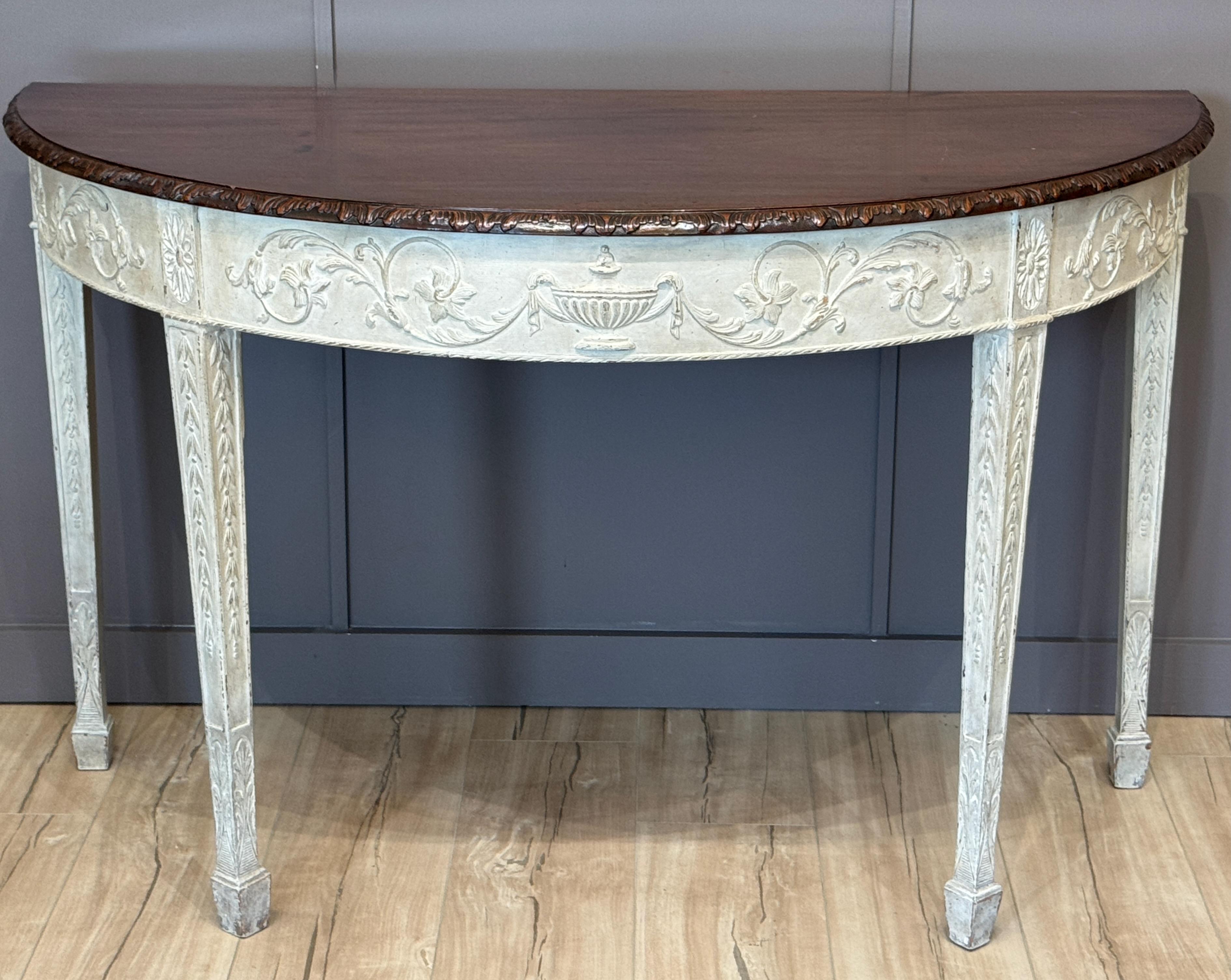 Neoclassical 18th Century George III Grey-Painted Mahogany Demilune Console For Sale