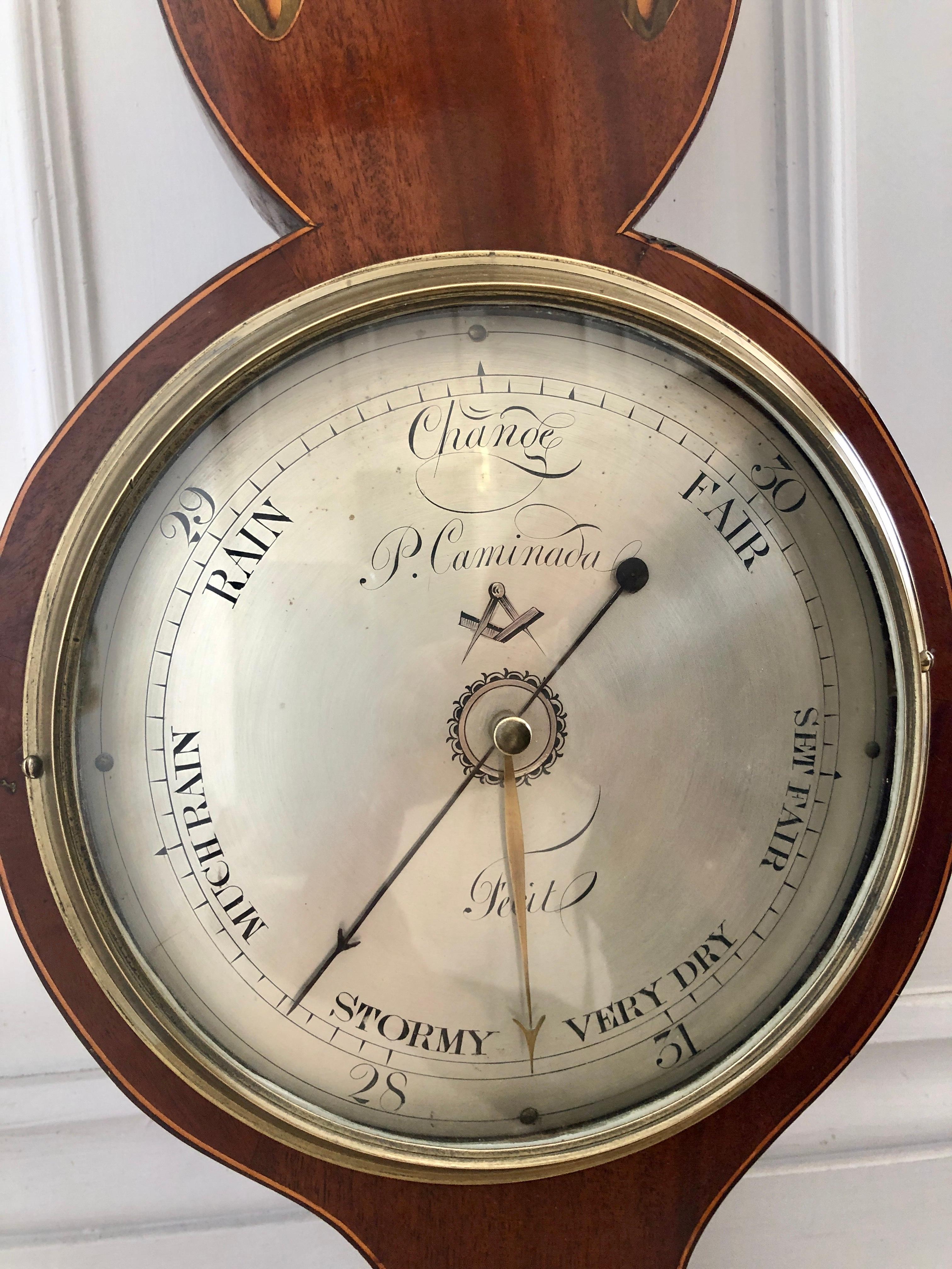 18th Century and Earlier 18th Century George III Inlaid Mahogany Banjo Barometer
