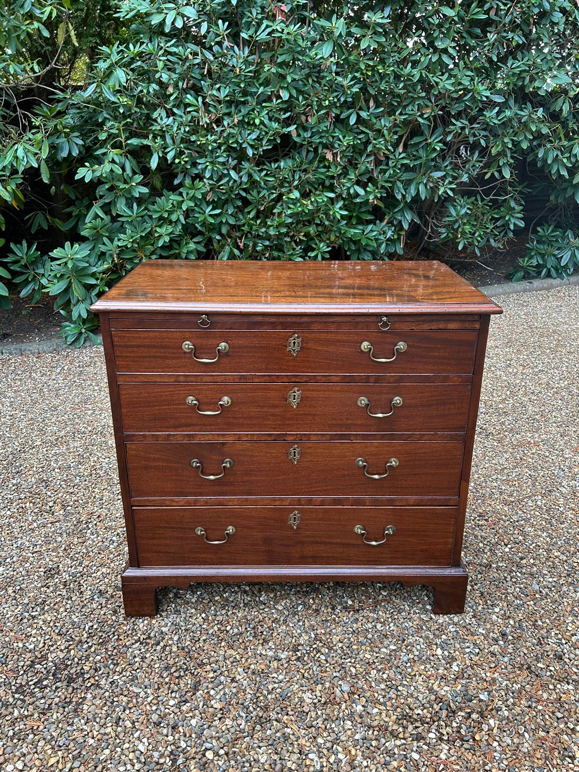 Cassettiera in mogano di Giorgio III del XVIII secolo, con guida a spazzola e quattro lunghi cassetti graduati, maniglie a collo di cigno originali in ottone su piedi a staffa.

Circa: 1780

Dimensioni:
Altezza: 33 pollici - 84 cm
Larghezza:  35