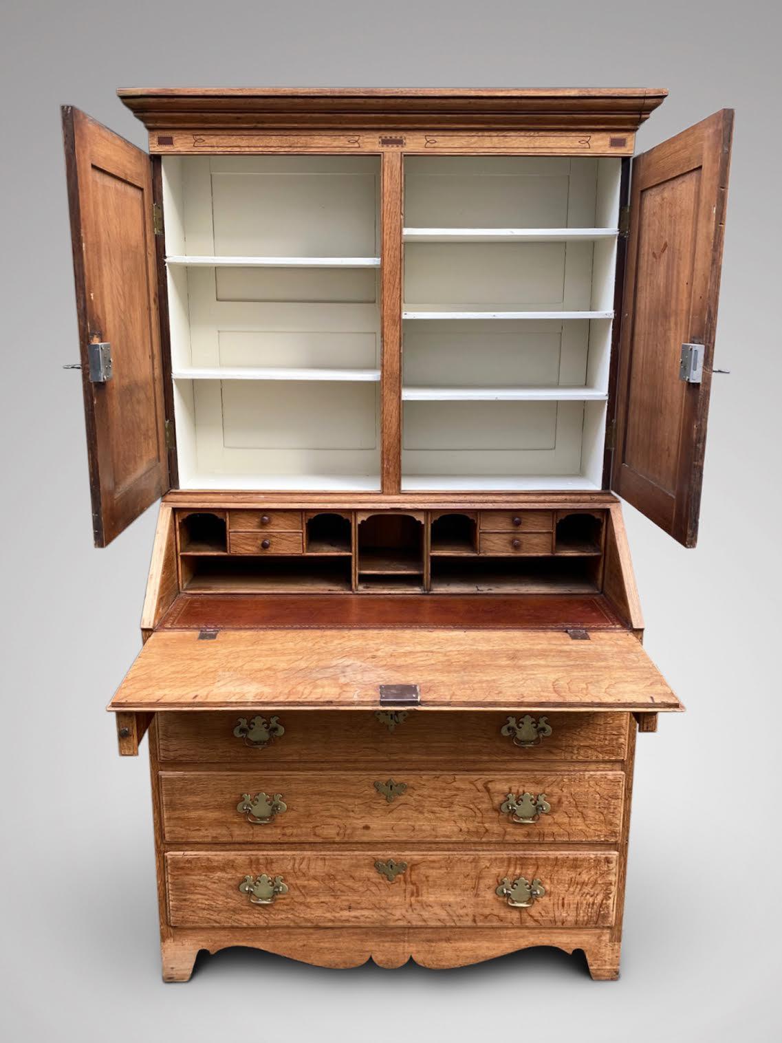 British Antique 18th Century George III Period Light Oak Country House Bureau Bookcase For Sale