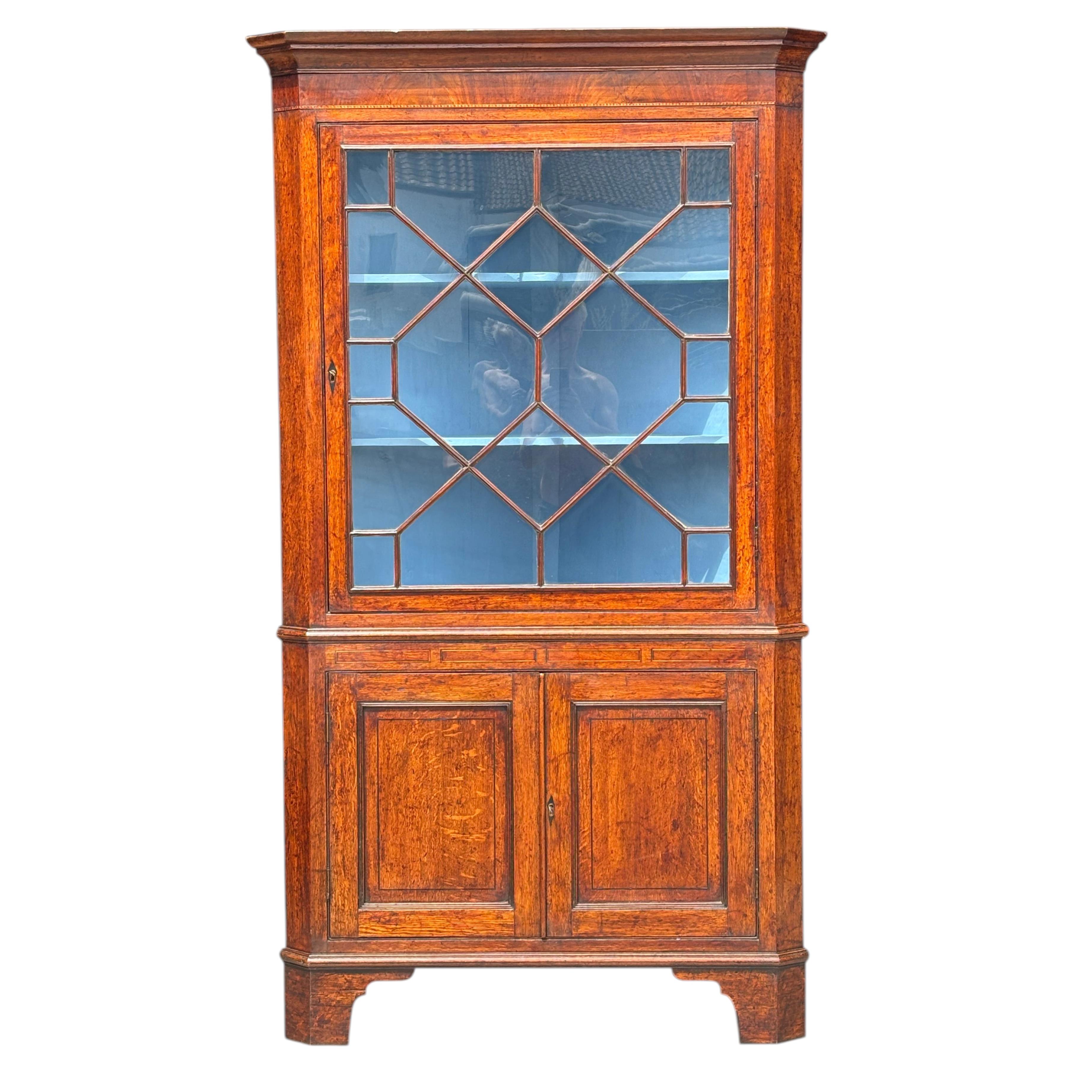 18th Century George III Period Oak & Inlay Corner Cupboard For Sale