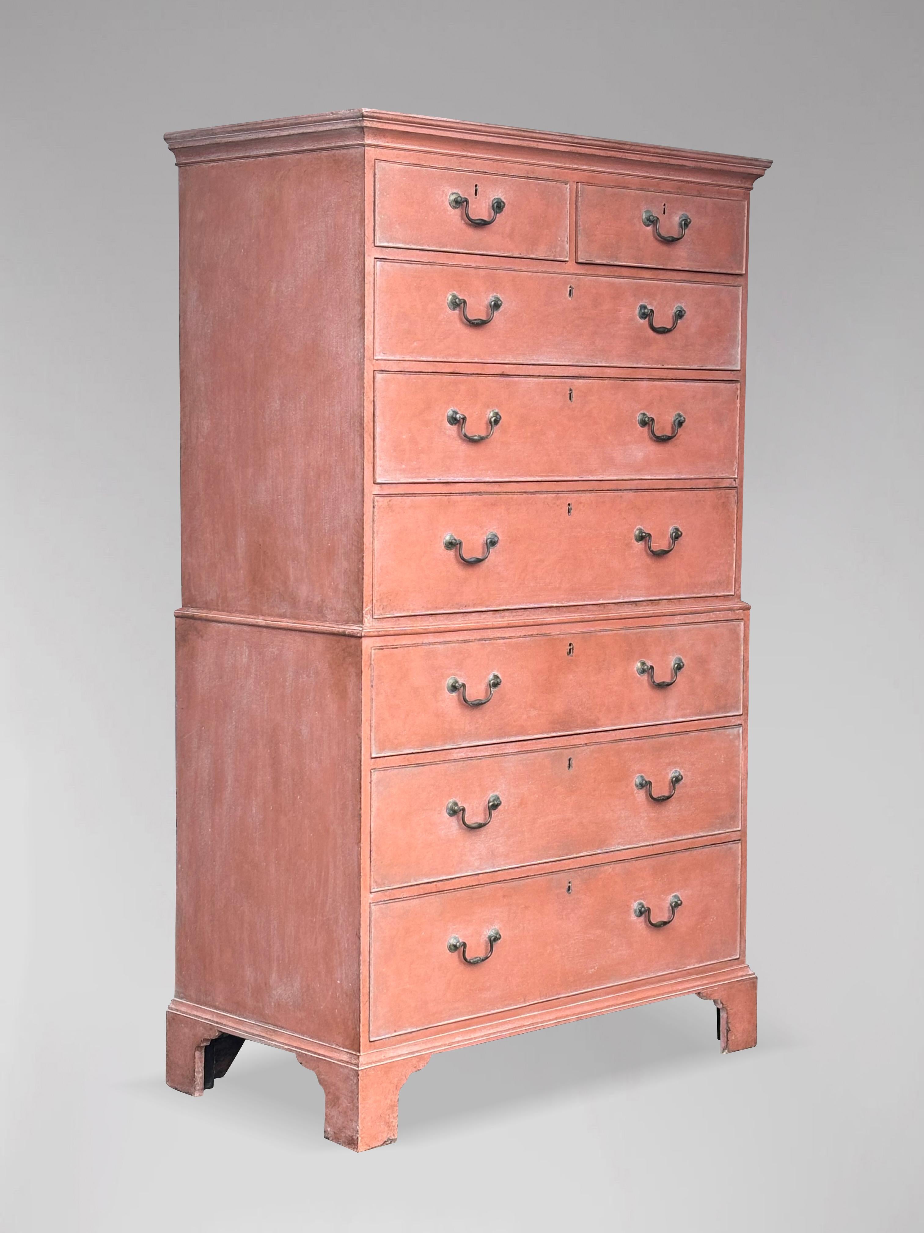 A late 18th century, George III period painted mahogany chest on chest of modest proportions, having moulded cornice above 2 short and 6 long, cockbeaded graduated drawers all lined in oak and fitted with original brass swan neck handles and