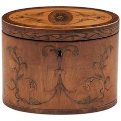 18th Century George III Period Satinwood Marquetry Inlaid Oval-Shaped Tea Caddy